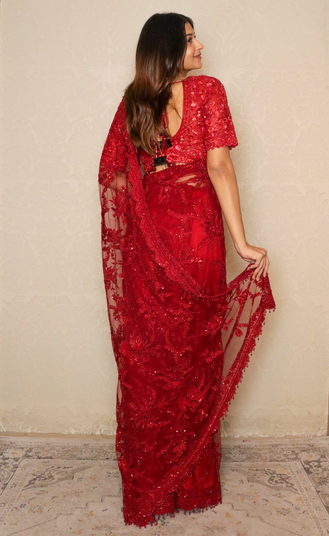 Red Net Saree with Thread & Sequin Embroidery