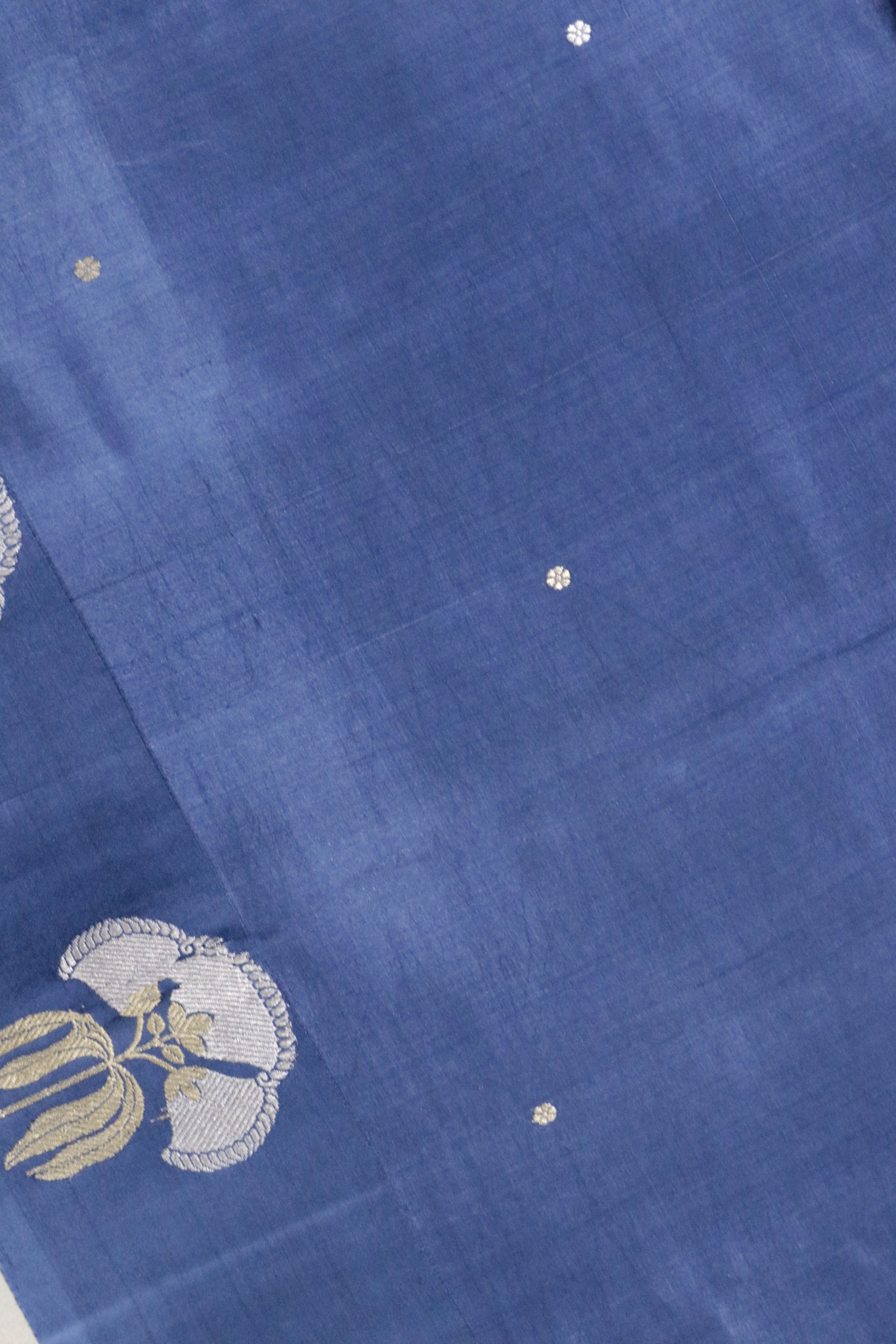 Midnight Blue Banarasi Chanderi Silk Saree with Floral Buttas & Satin Border