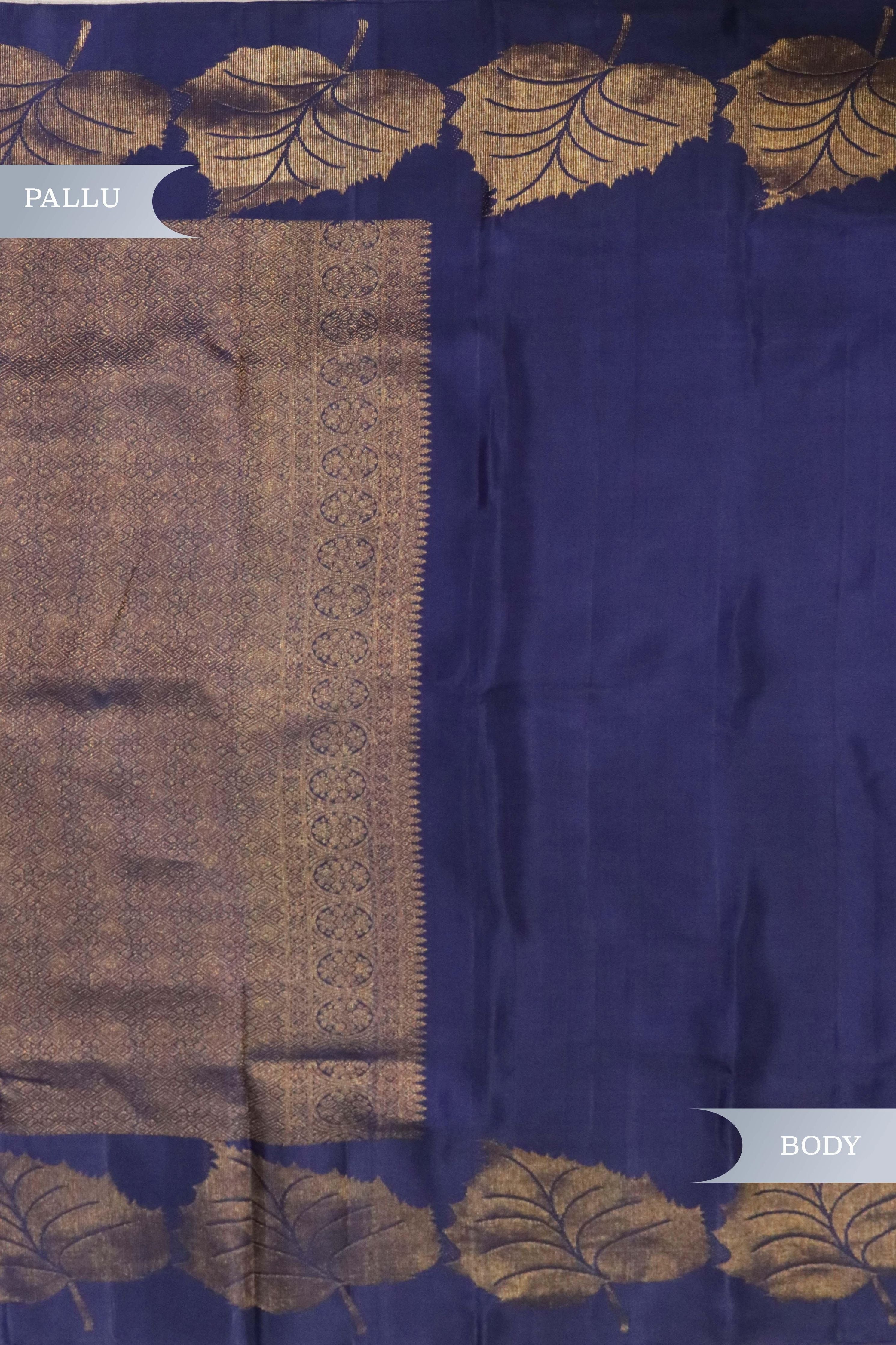 Navy Blue Kanchivaram Silk Saree with Gold Leaf Zari - Mokshaa