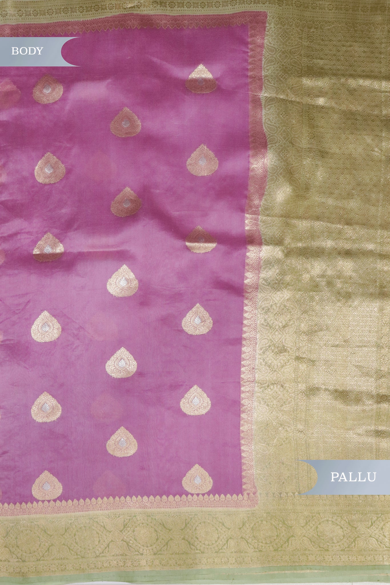 Onion Pink Banarasi Kora Saree with Pista Green Border & Gold-Silver Motifs