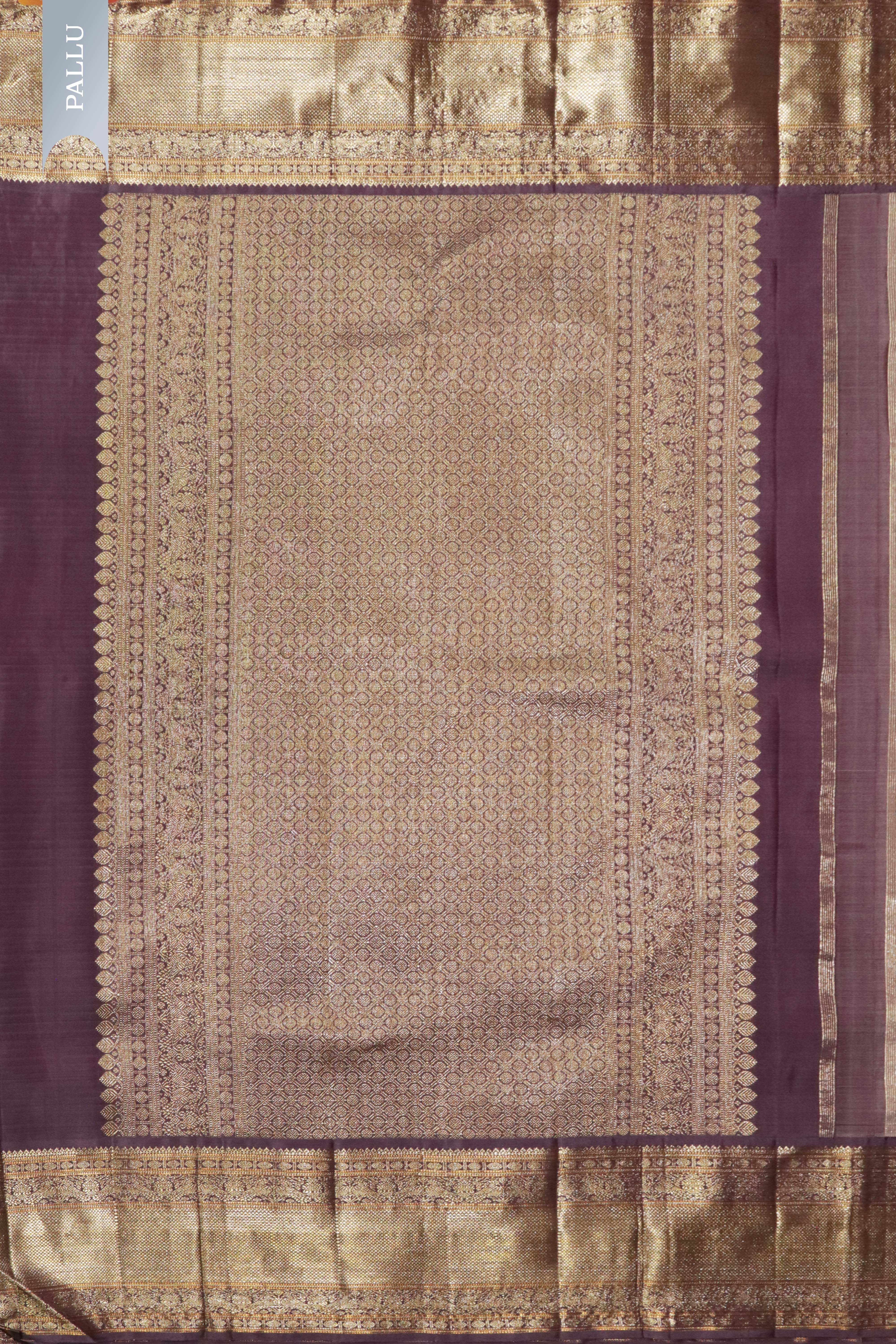 Beige Kanchivaram Silk Saree with Zari Stripes & Contrast Maroon Pallu