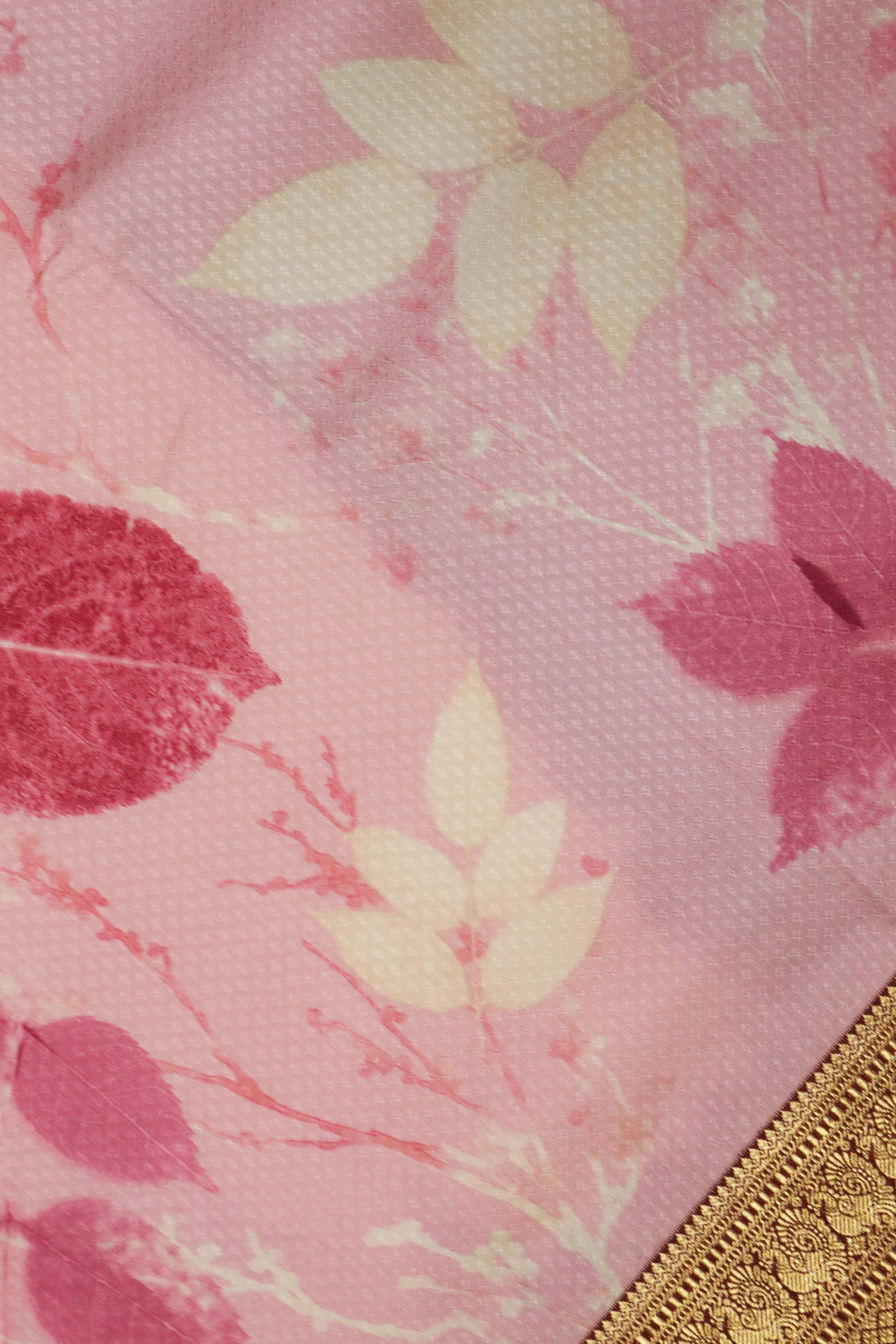 Light Pink Silk Saree with Floral Print & Maroon Zari Border