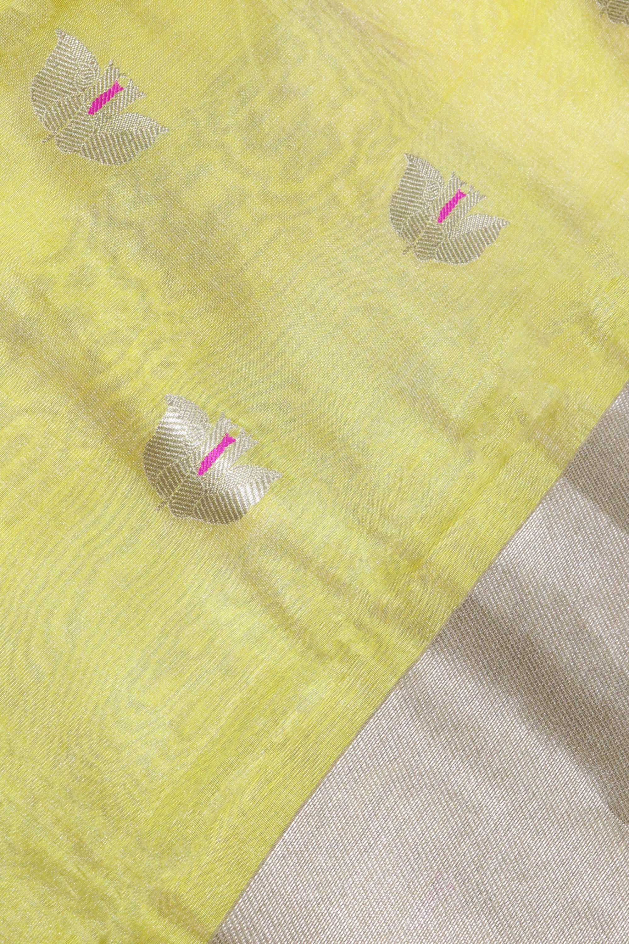 Yellow Banarasi Chanderi Tissue Silk Saree with Silver Zari Motifs