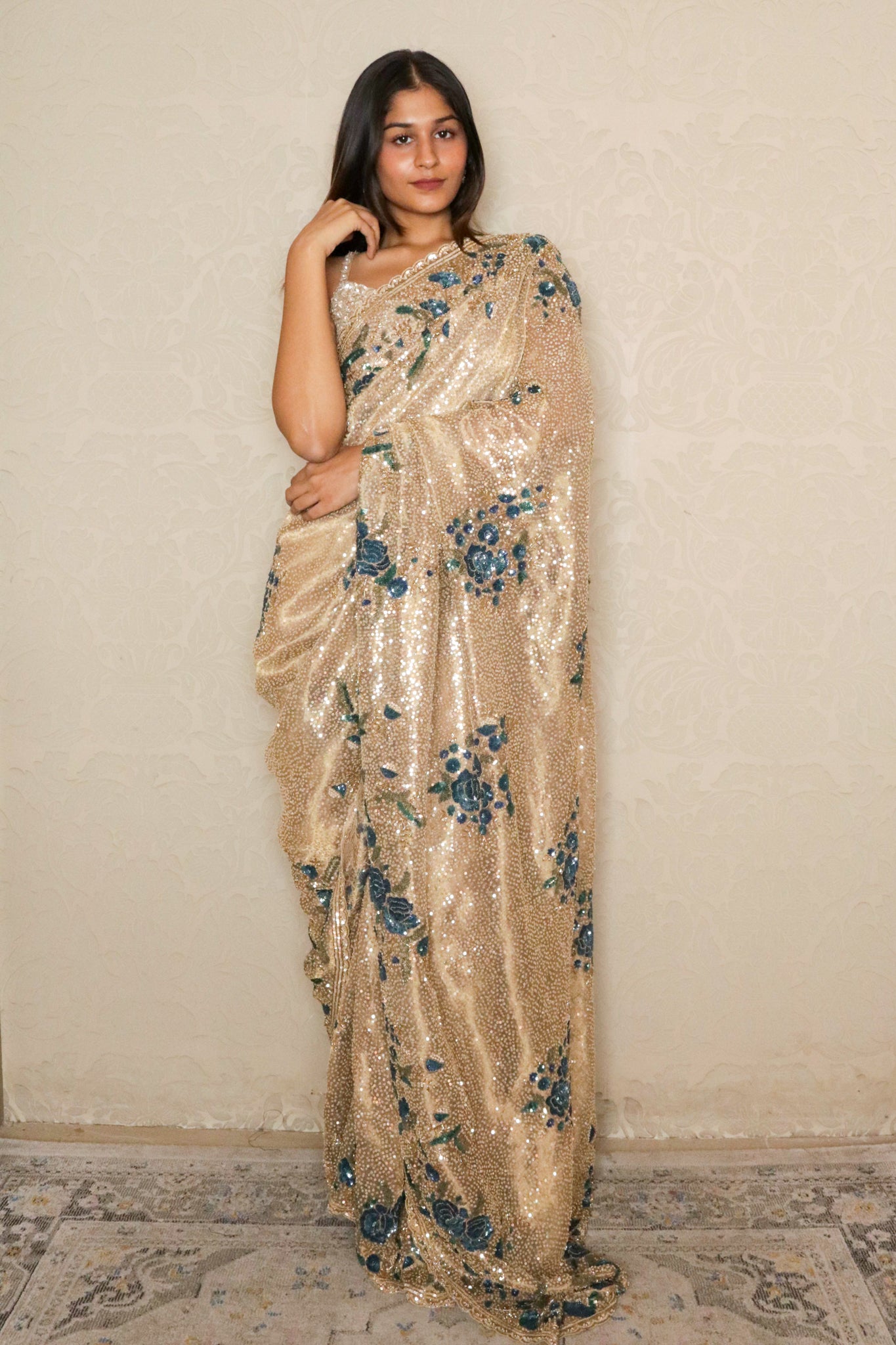 Gold Sequin Organza Saree with Matching Blouse