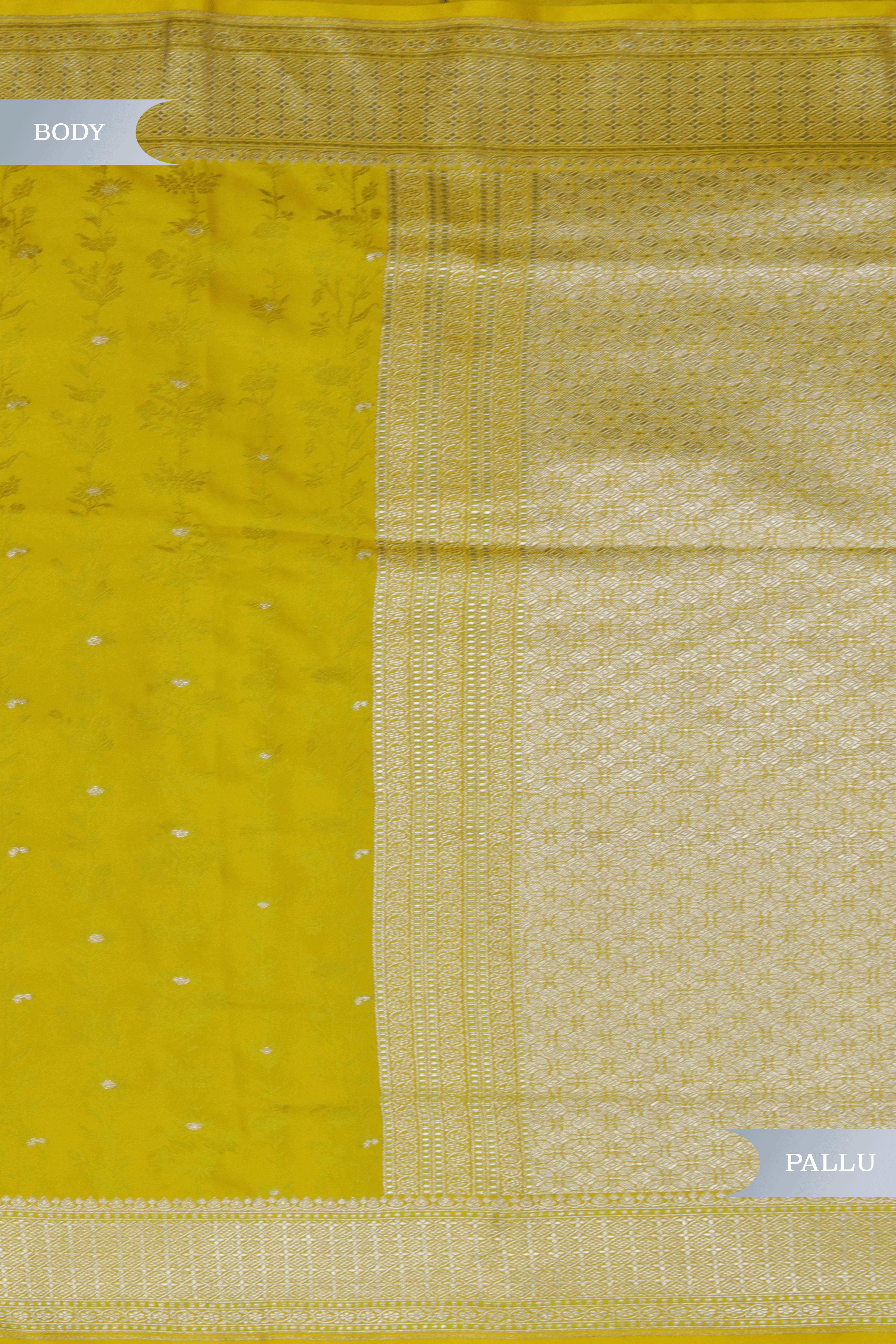 Yellow Banarasi Semi Silk Saree with Thread Weaving, Zari Butti & Woven Border