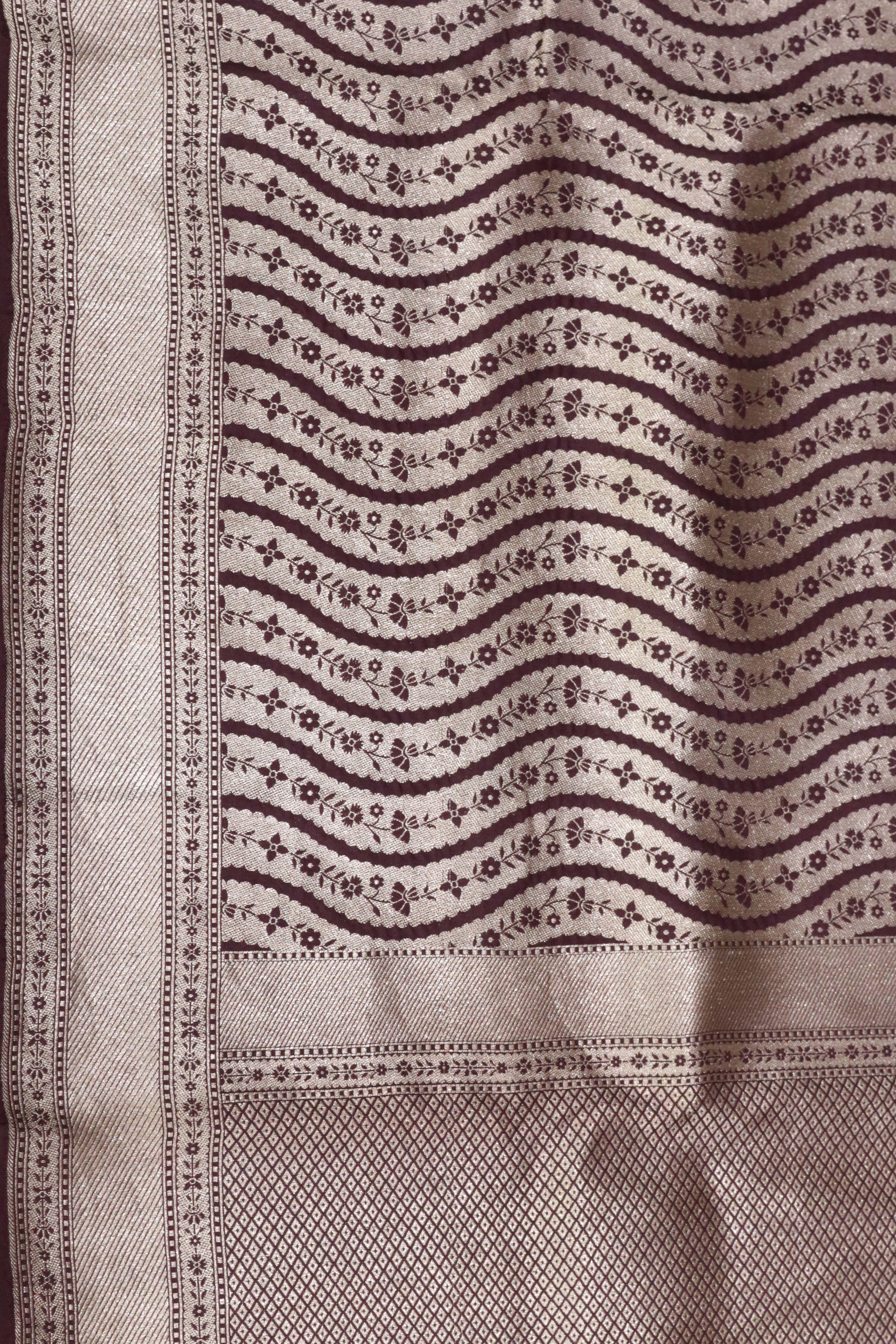 Dark Brown Banarasi Silk Saree with Zari Stripes