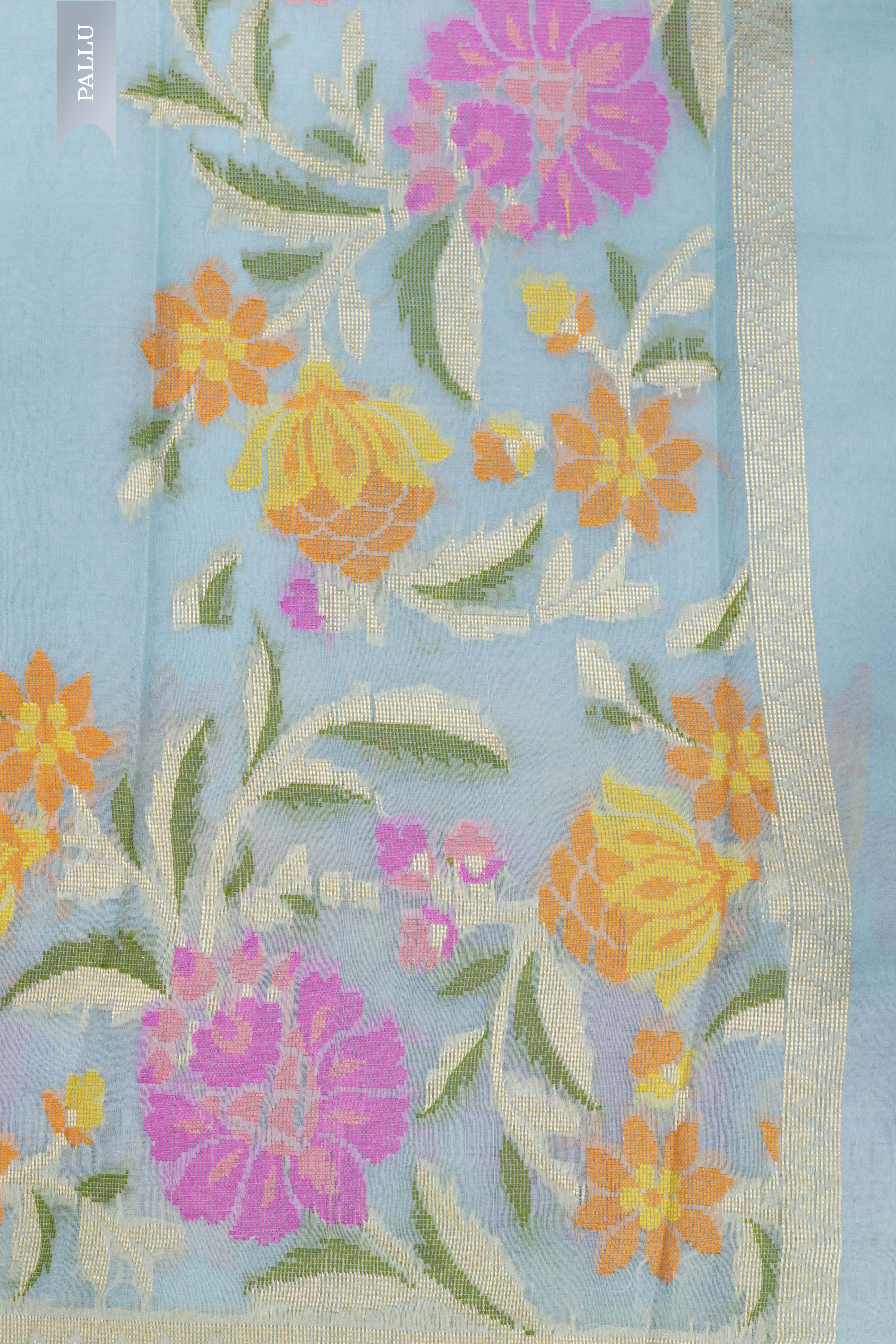 Ice Blue Banarasi Kora Silk Saree with Multi-Thread Zari Weaving