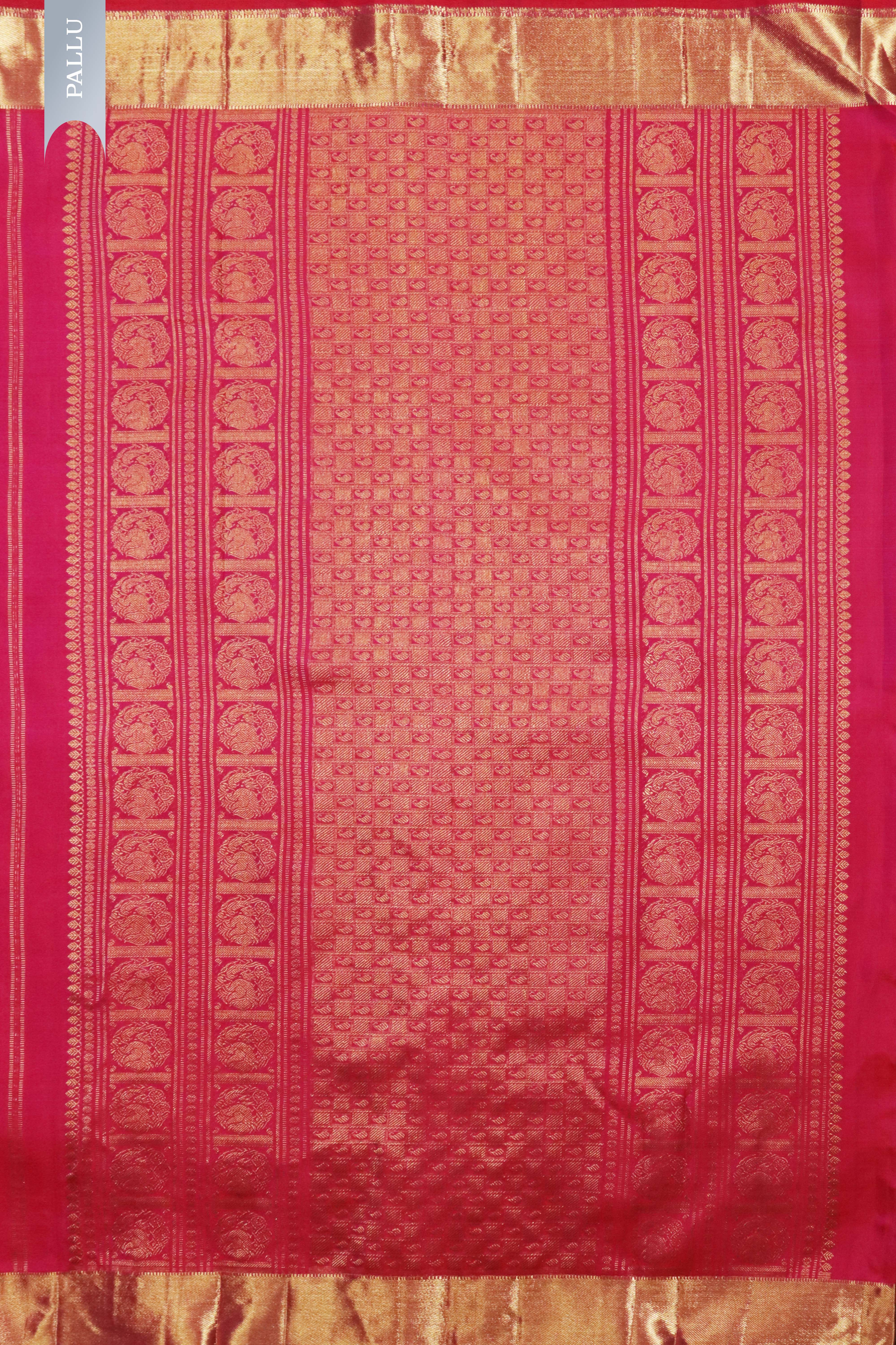 Tomato Pink Kanchivaram Silk Saree with Zari Stripes, Butti & Fancy Border