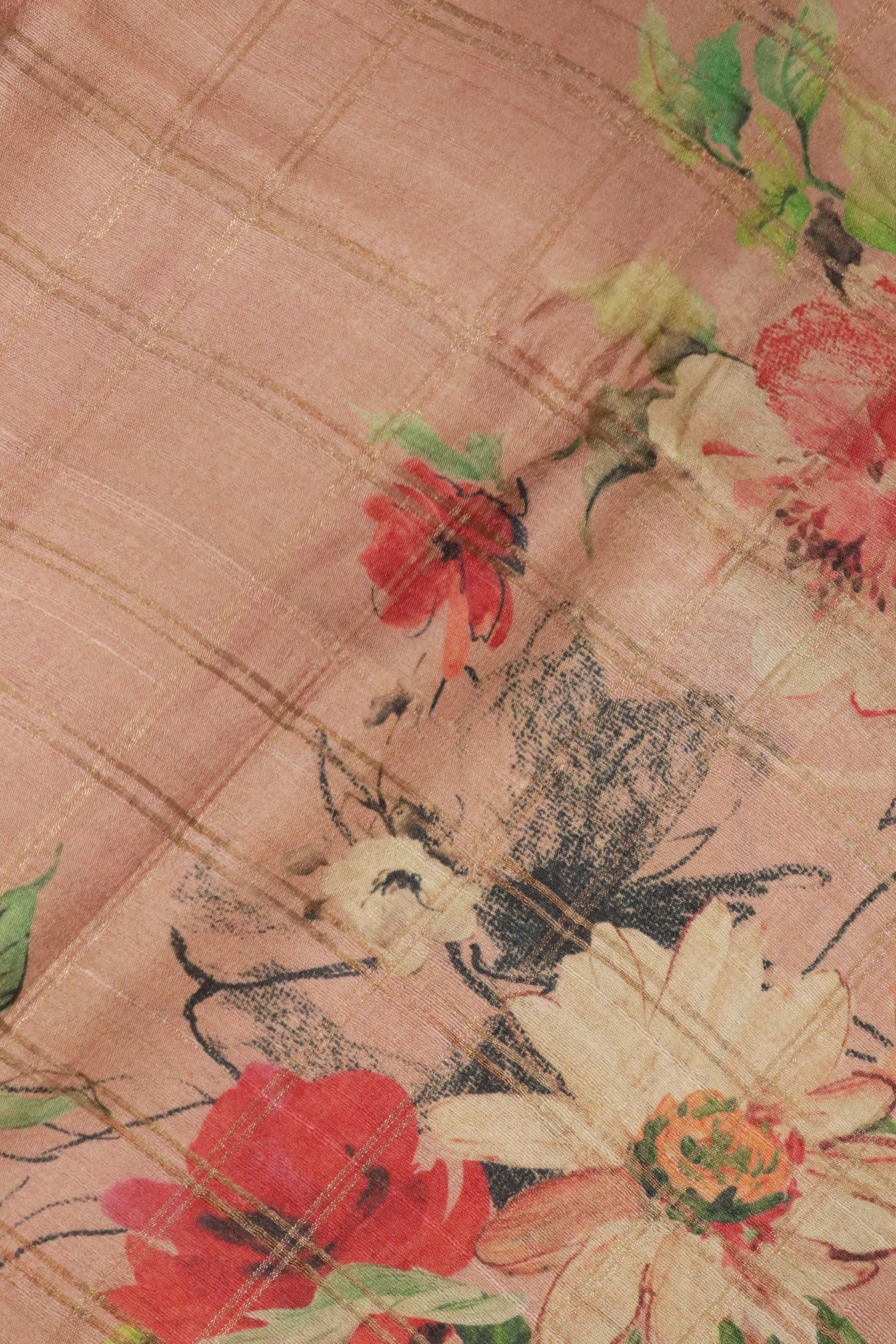Chikko Tussar Silk Saree with Checks & Floral Print