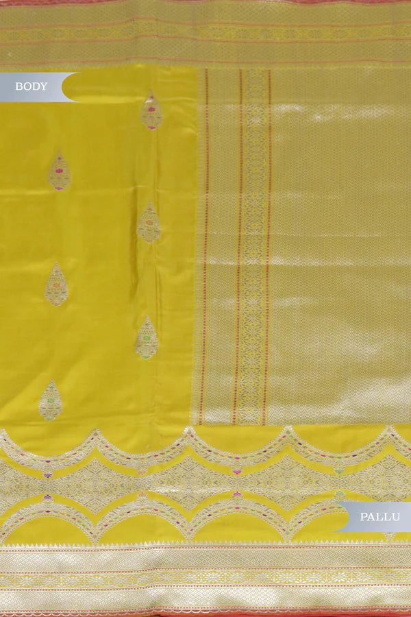 Mustard Banarasi Silk Saree with Fancy Butti & Contrast Blouse