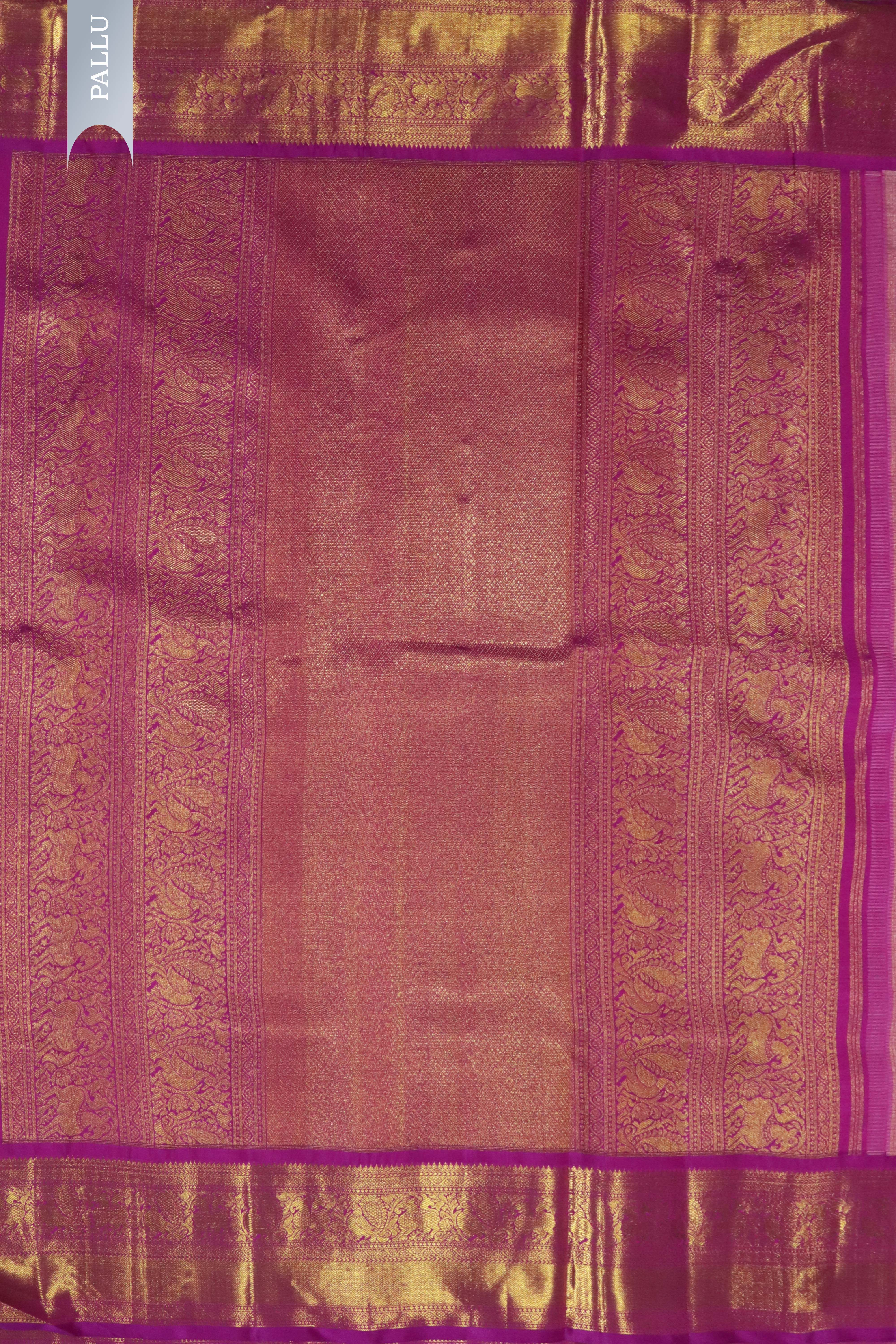 Off White Kanchivaram Silk Saree with Golden Buttis & Contrast Pink Zari Border