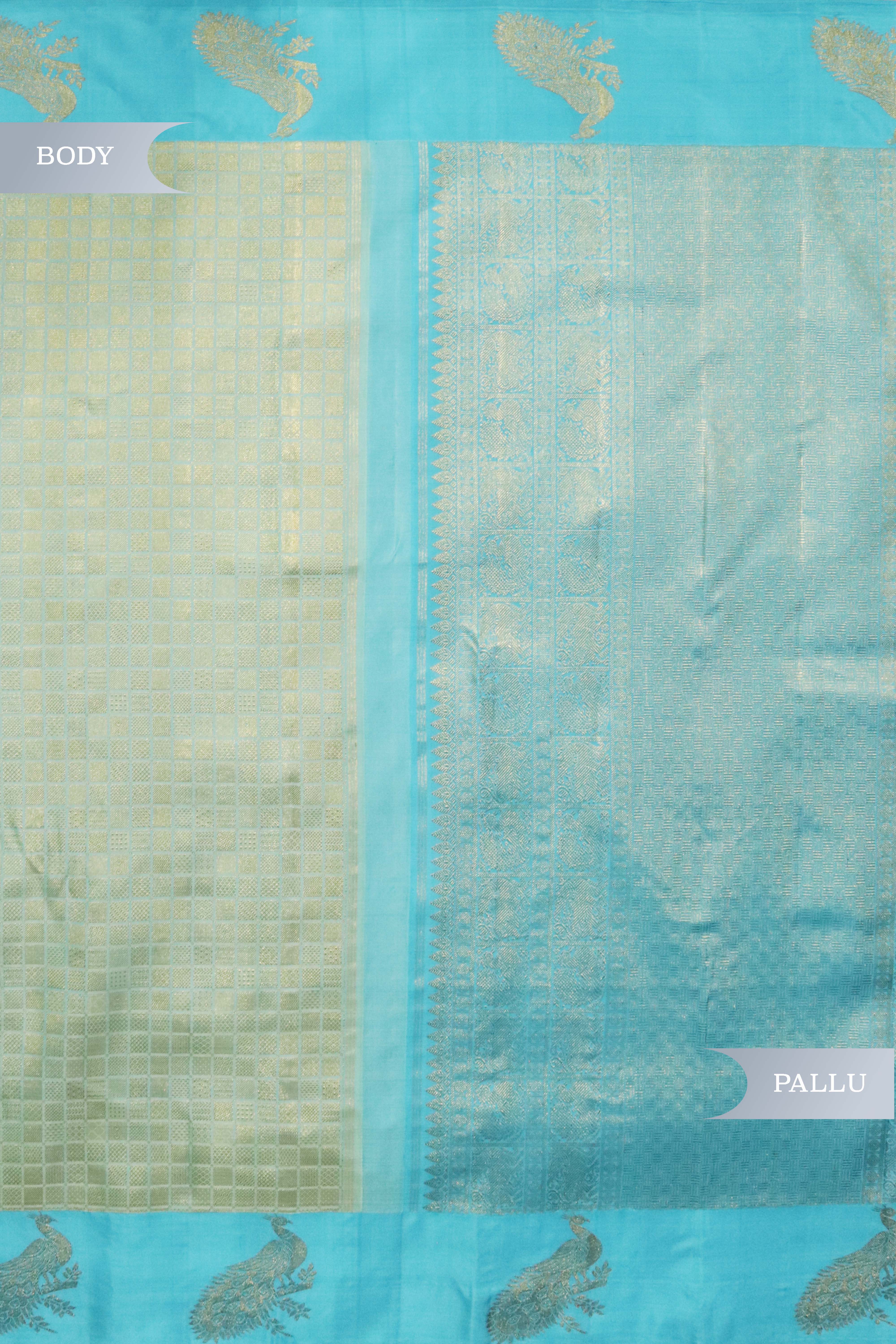 Sea Blue Kanchivaram Silk Saree with Peacock Border