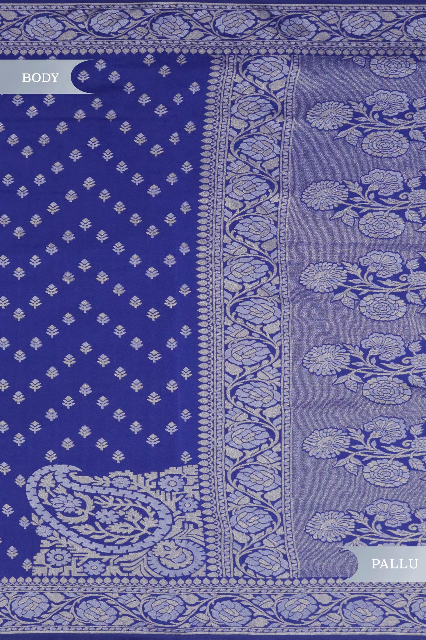 Royal Blue Banaras Semi Silk Saree with Silver & Gold Zari Work