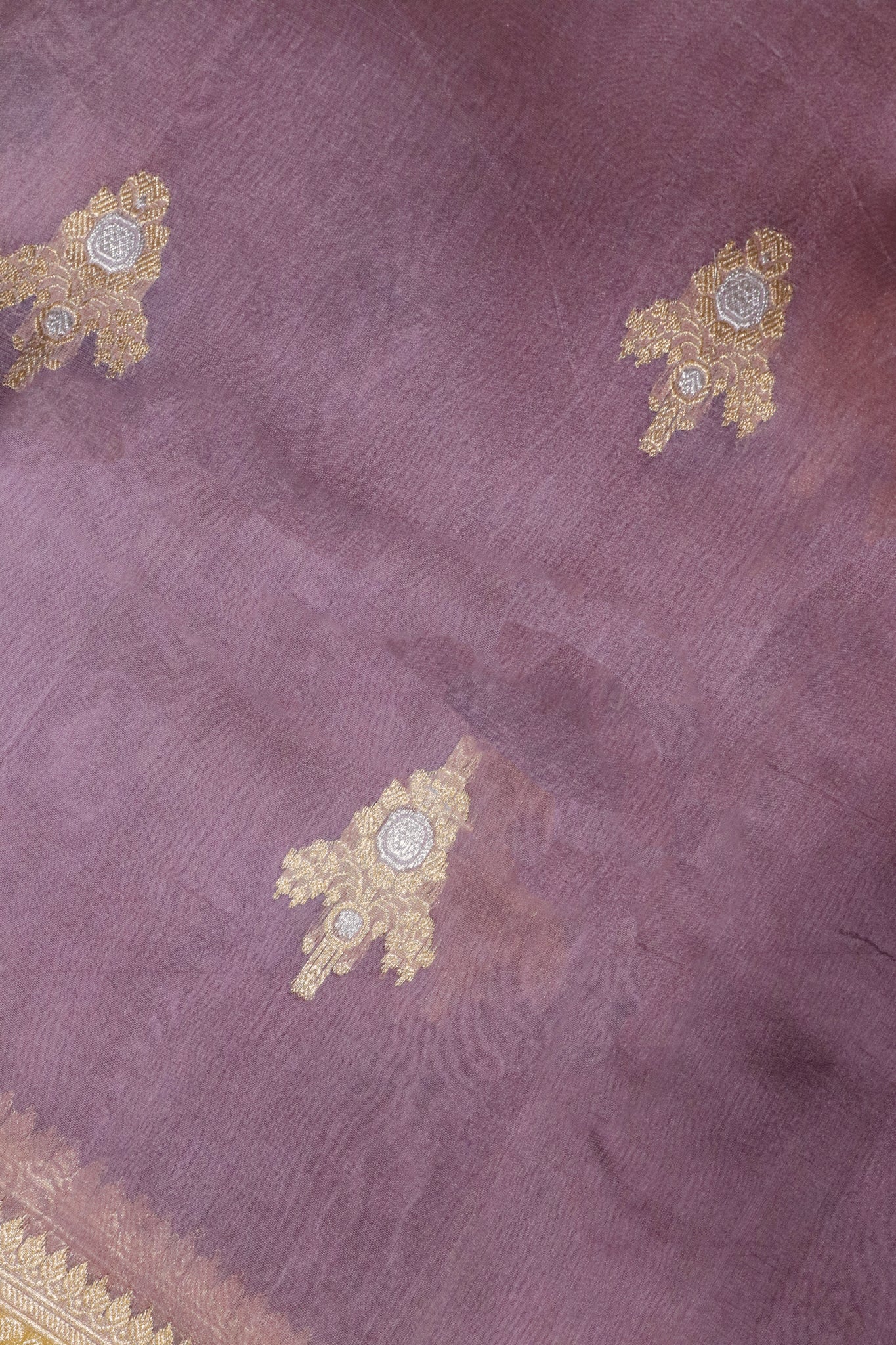 Dusty Mauve Banarasi Kora Saree with Gold & Silver Motifs