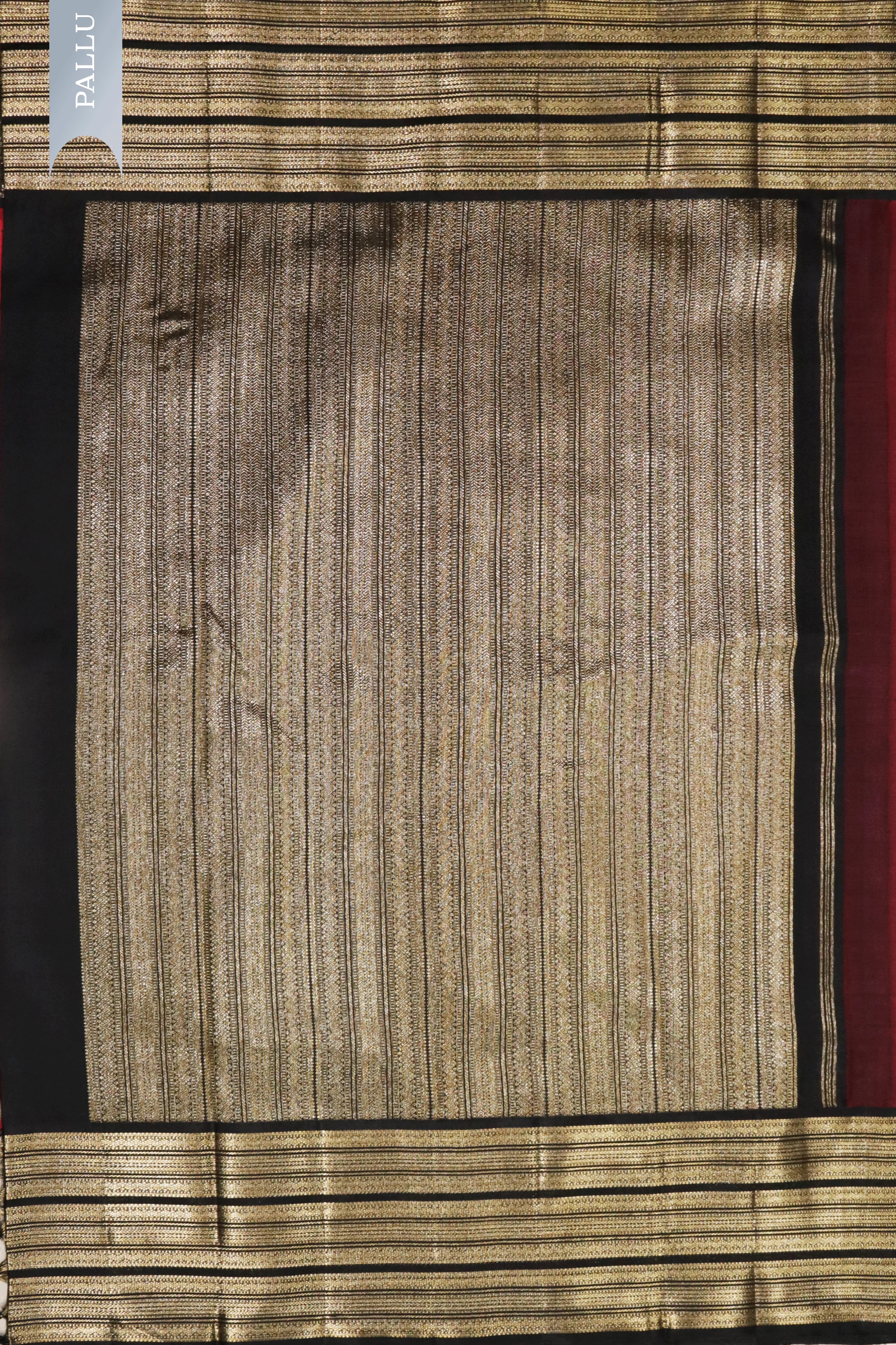 Red Kanchivaram Silk Saree with Golden Buttas and Black Zari Border - Mokshaa