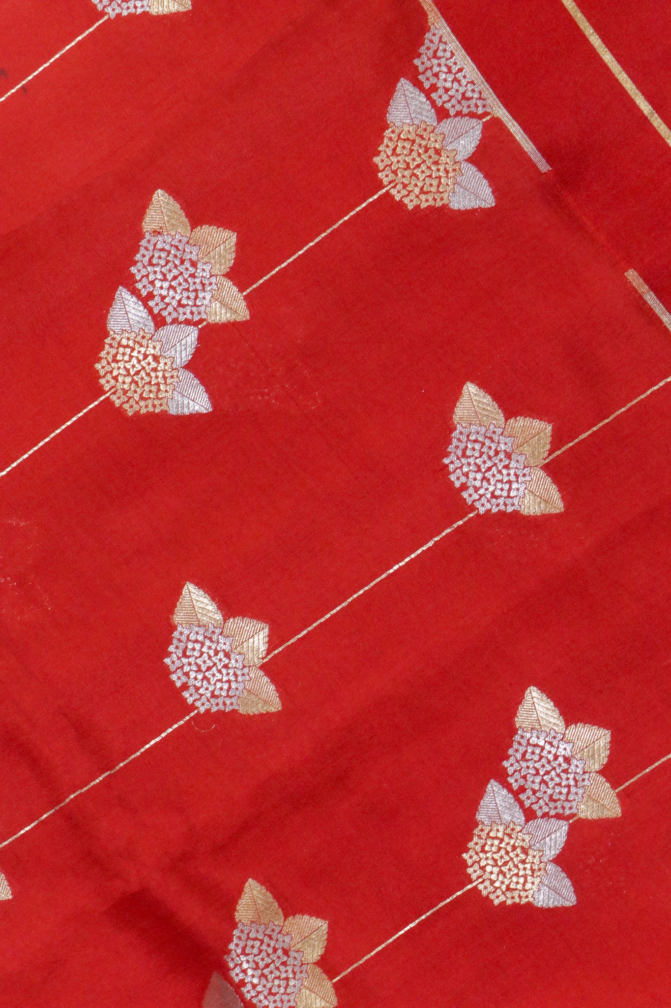 Rust Banarasi Silk Saree with Gold & Silver Zari Buttas