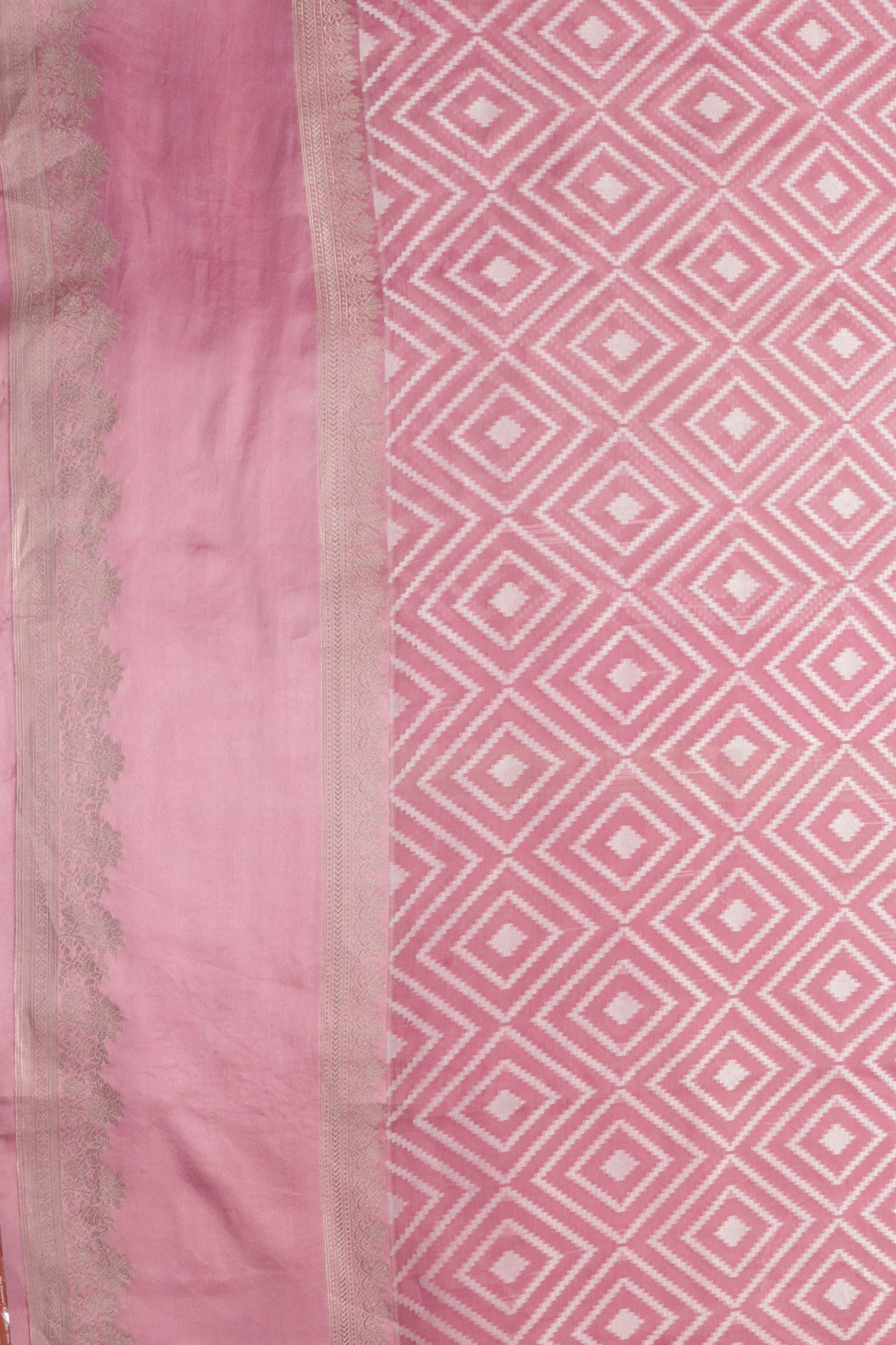 Baby Pink Banarasi Kora Saree with Geometric Weave & Satin Border