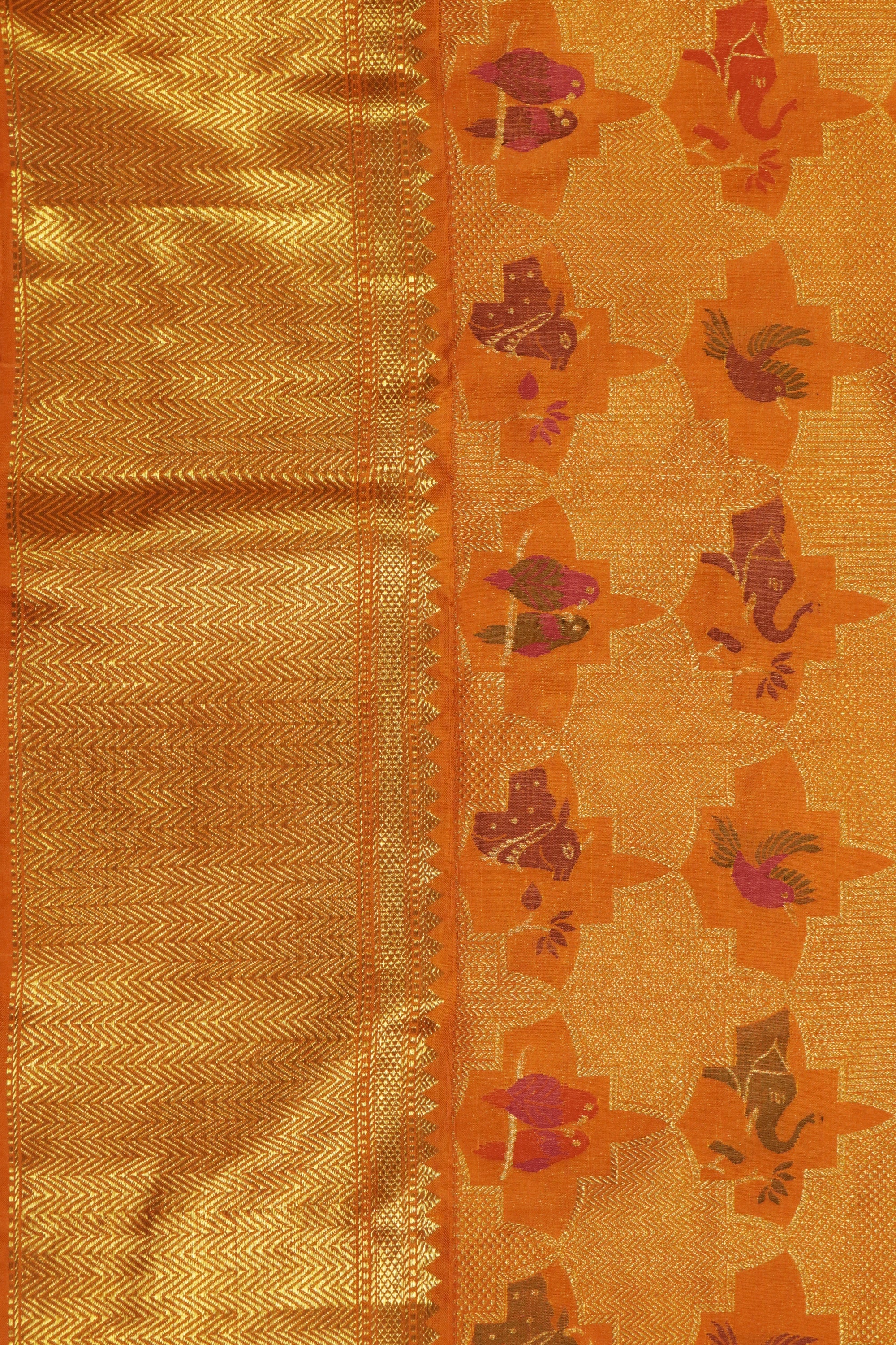 Koral Orange Kanchivaram Silk Saree with Zari & Meena Animal Motifs