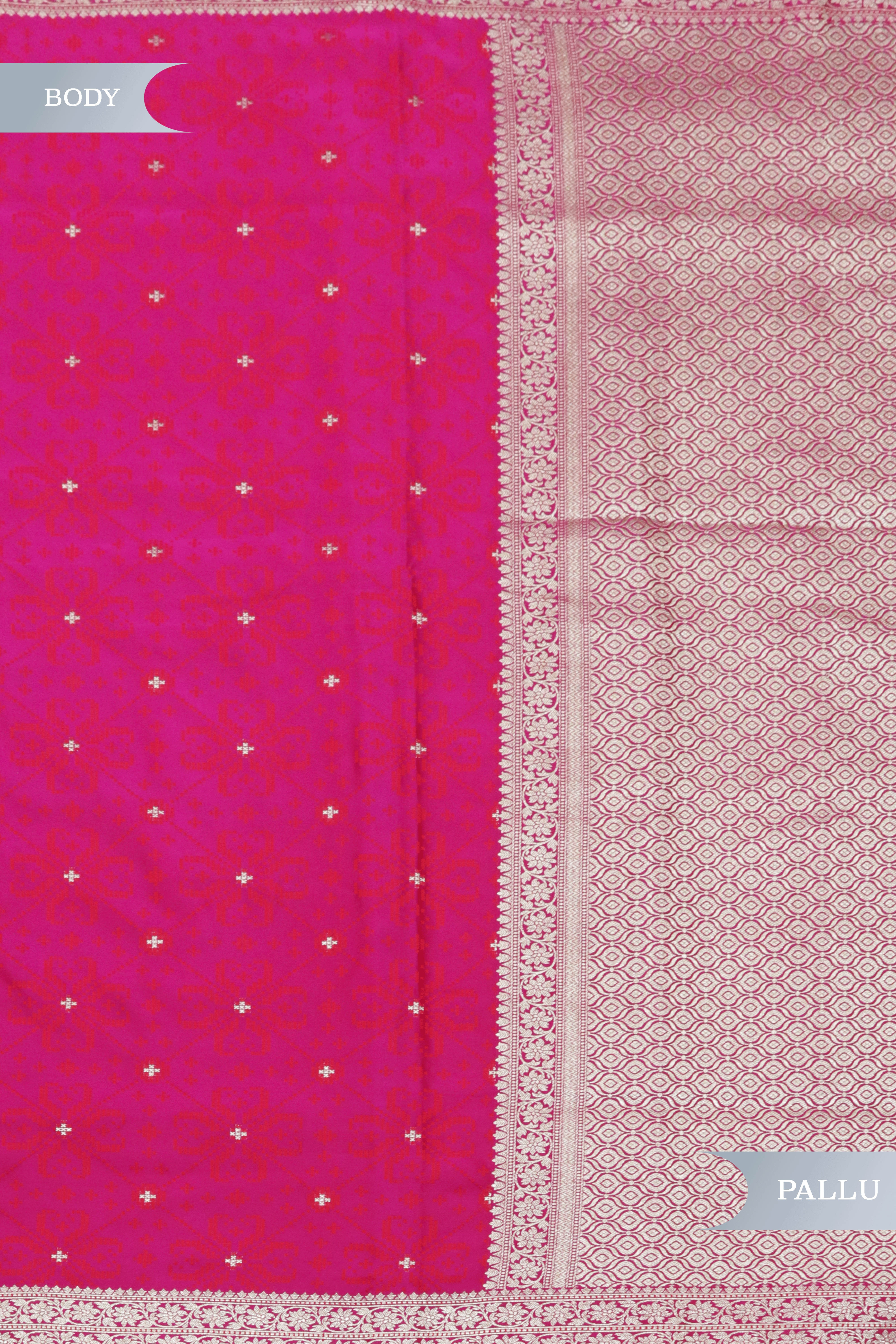 Magenta Pink Banarasi Semi-Silk Saree with Orange Thread & Zari Motifs