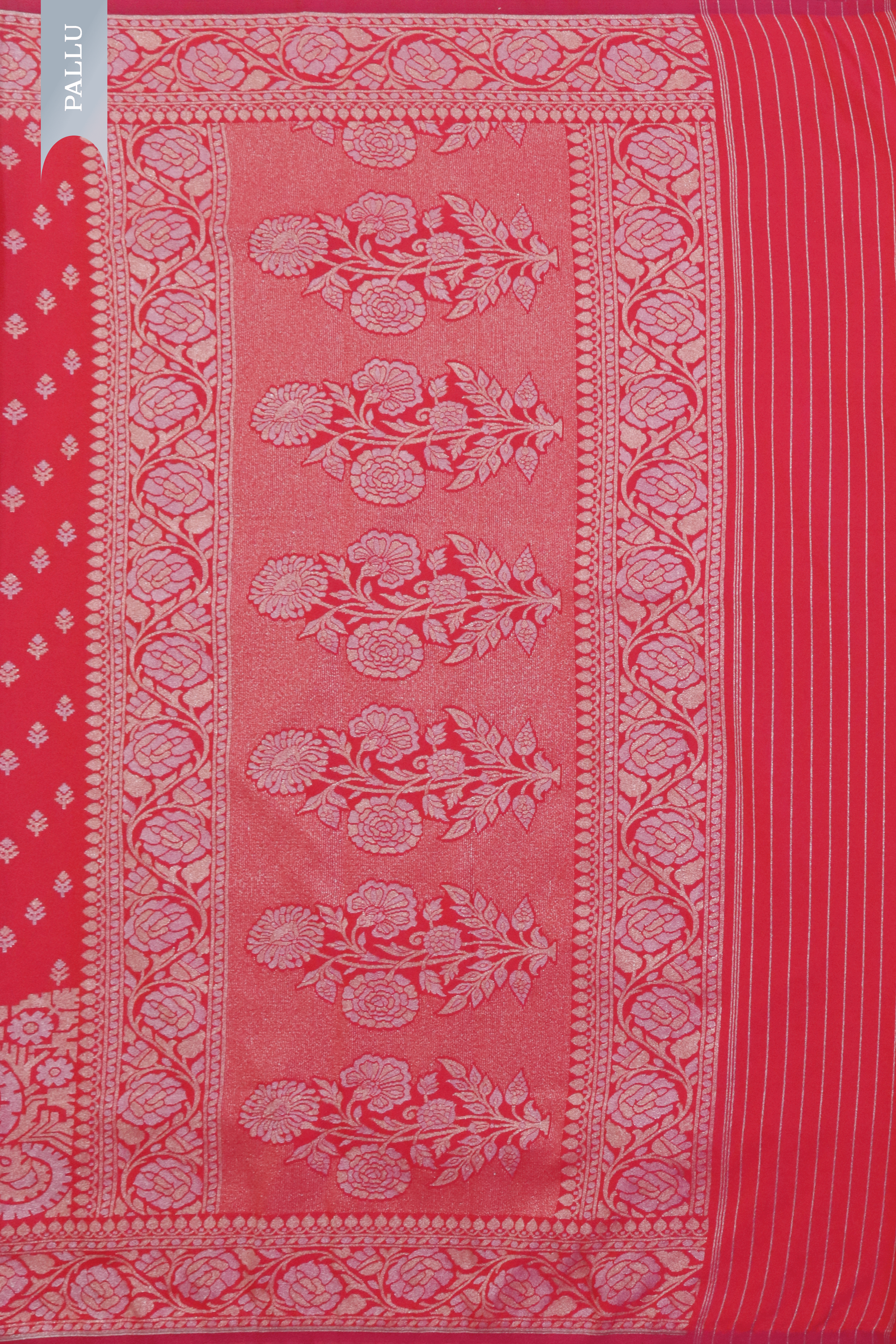 Red Semi Silk Saree with Gold-Silver Buttis & Floral Zari Border
