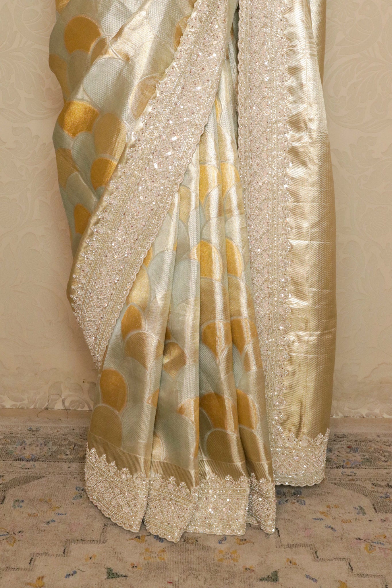 Sea Blue Tissue Silk Saree with Pearl Border