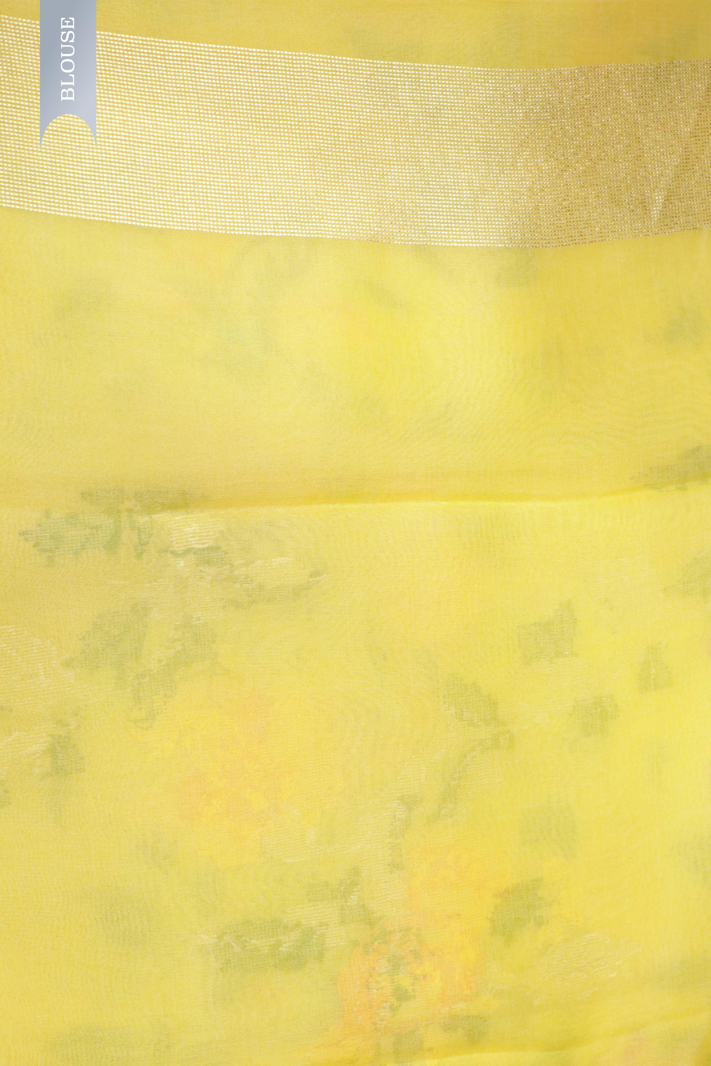 Yellow Banarasi Kora Silk Saree with Zari Multi-Butta - Mokshaa