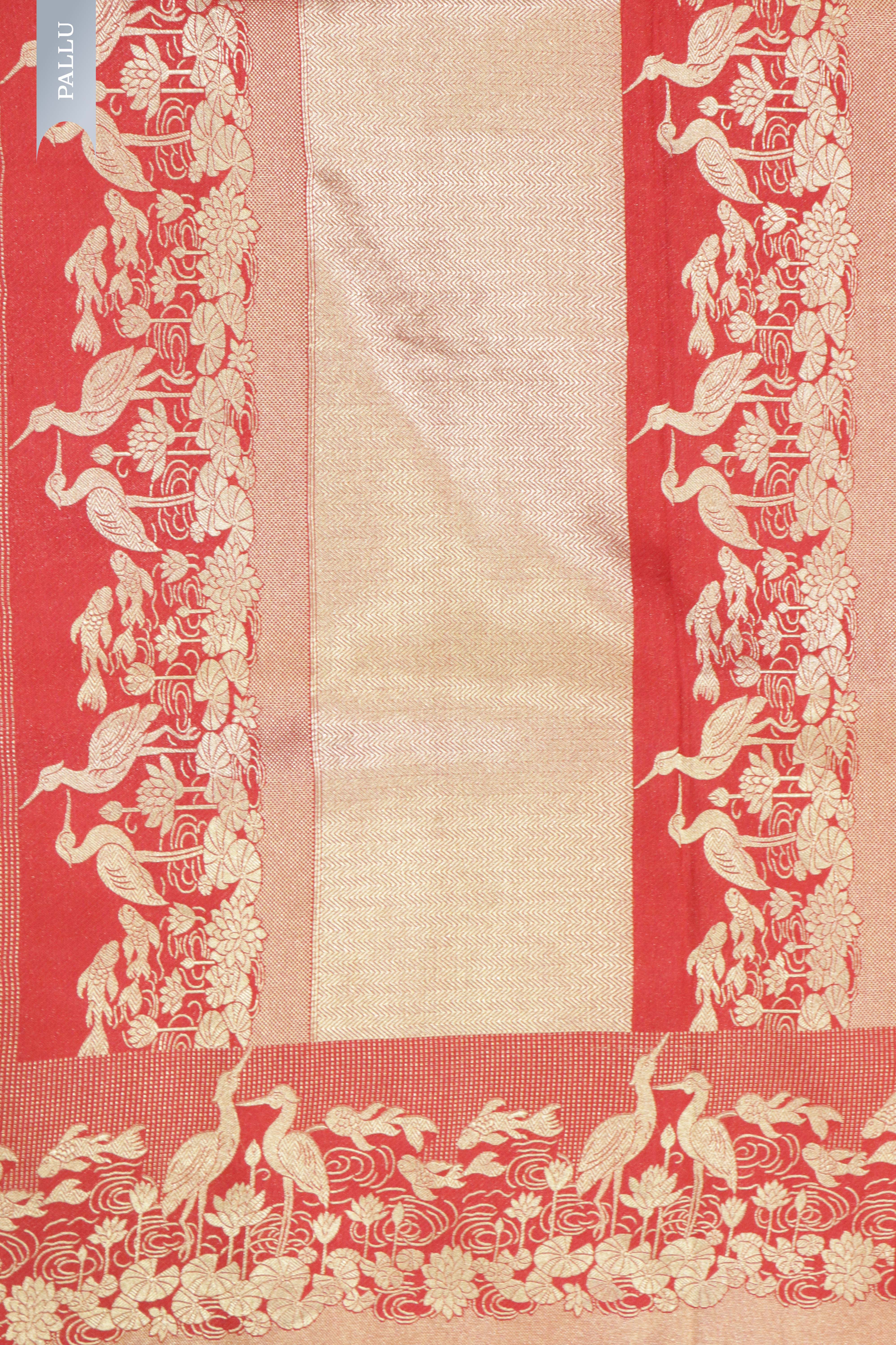 Maroon Banarasi Silk Saree with Zari Stripe Weaving & Fancy Border