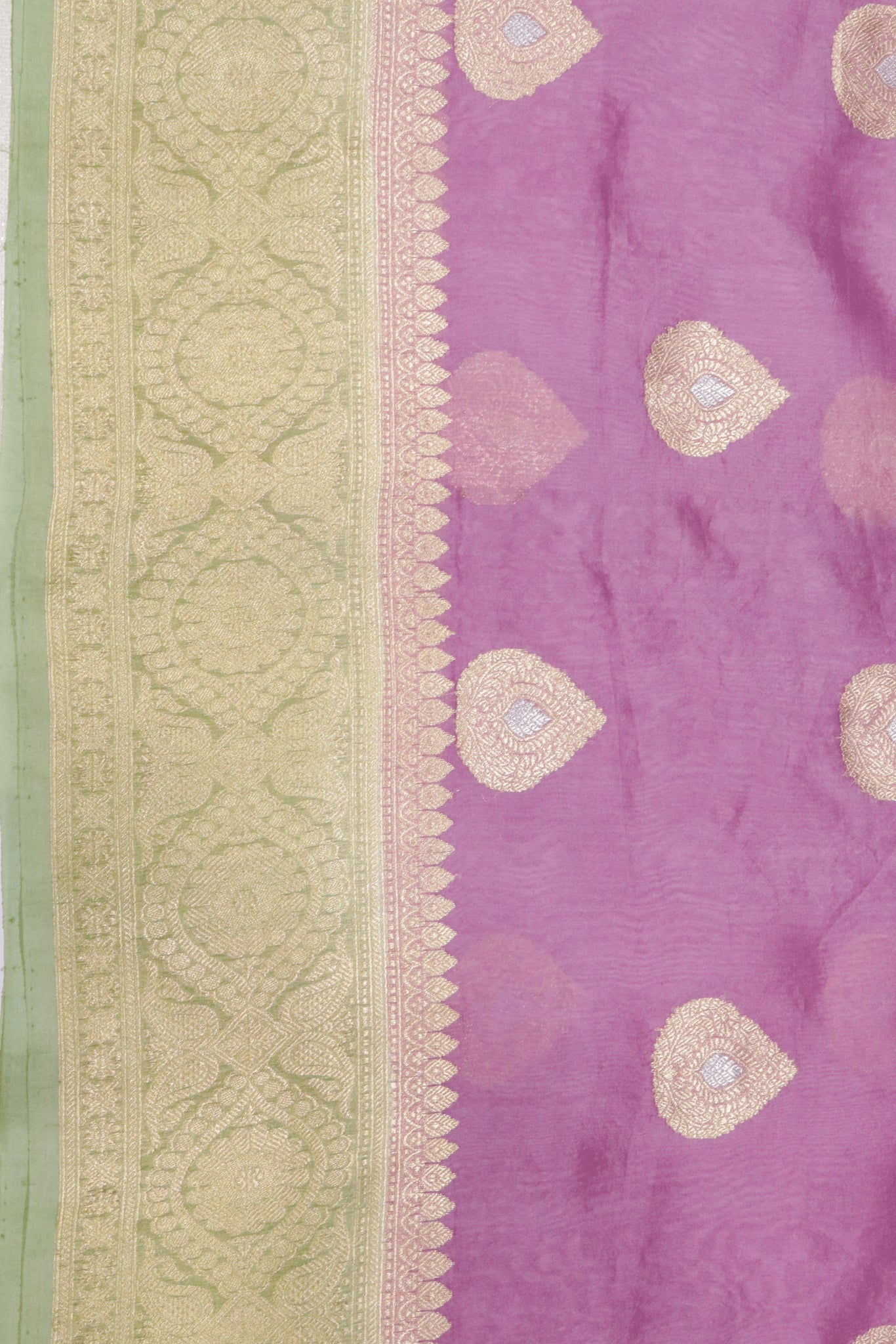 Onion Pink Banarasi Kora Saree with Pista Green Border & Gold-Silver Motifs