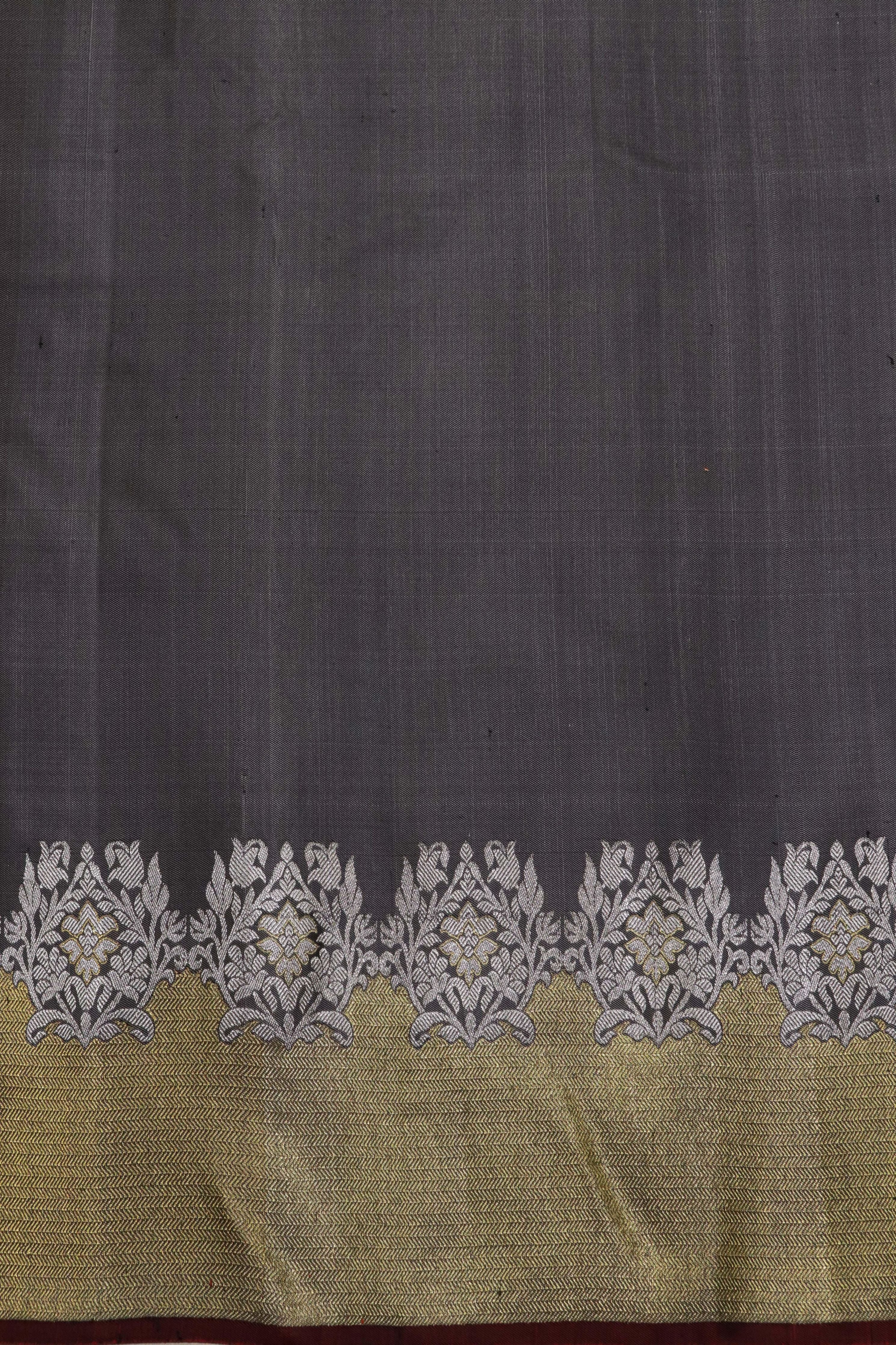 Elephant Grey Kanchivaram Silk Saree with Silver-Gold Border - Mokshaa