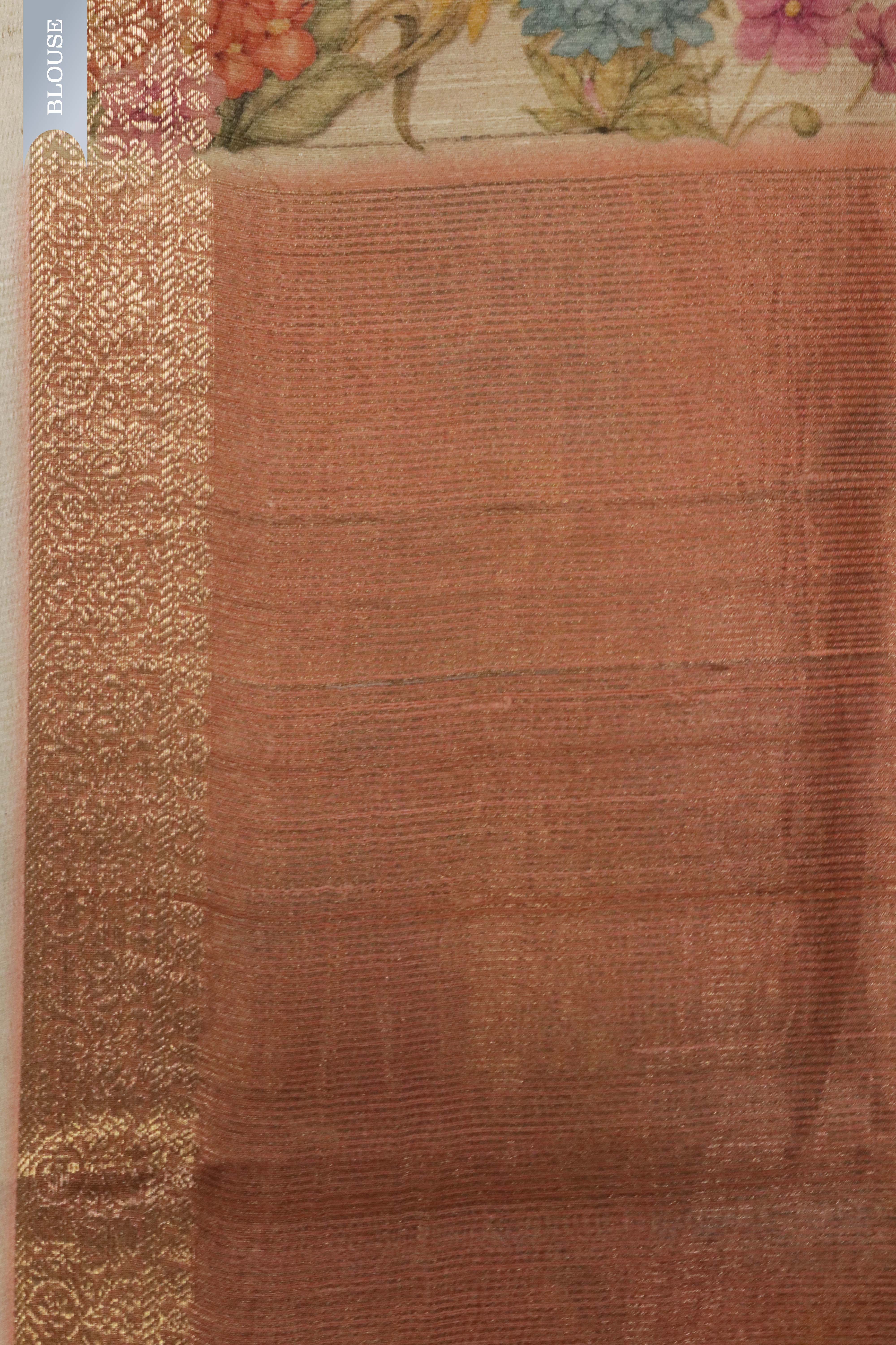 Peach Tussar Silk Saree with Golden Buttas & Floral Printed Border