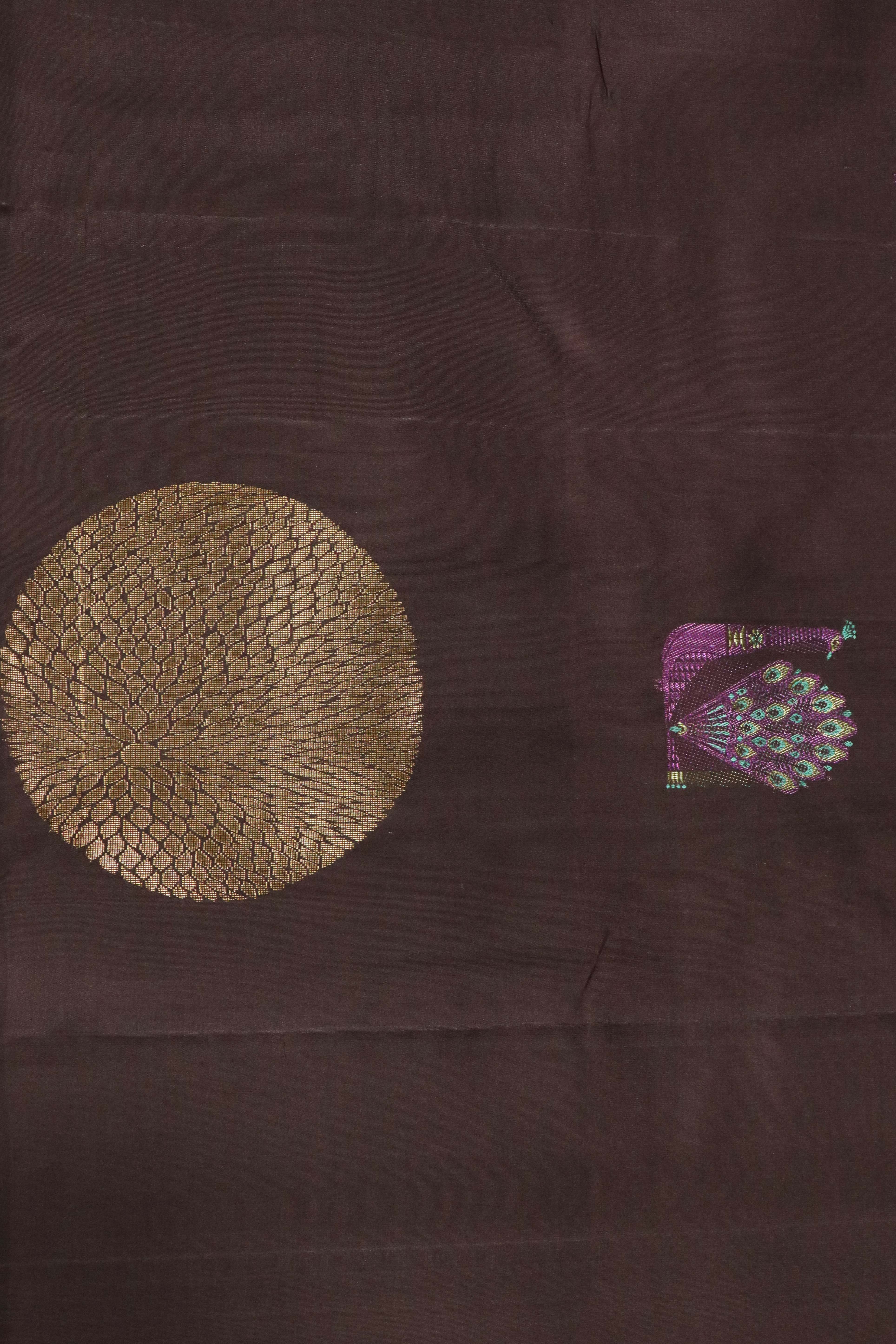 Brown Kanchivaram Silk Saree with Peacock Motifs