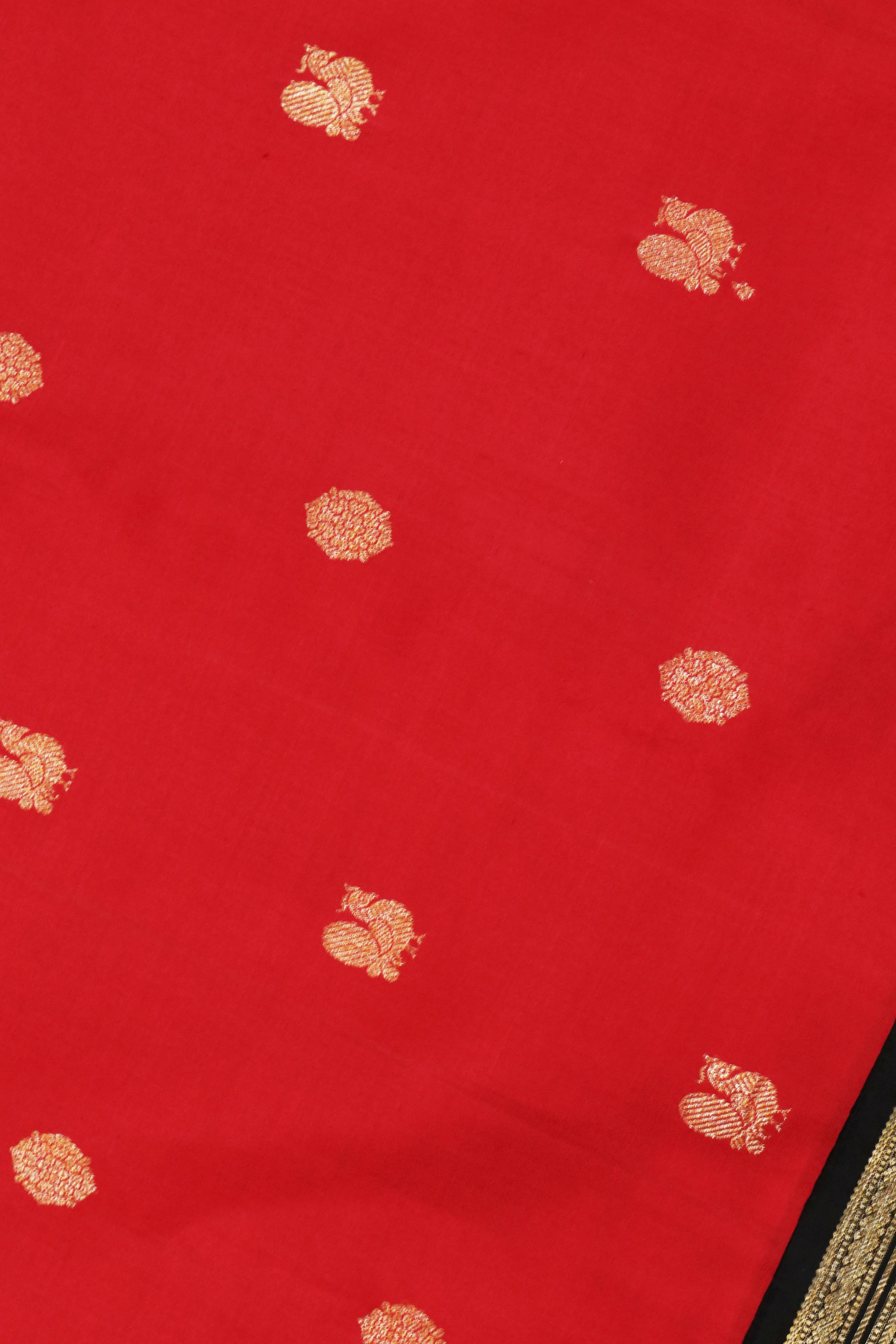 Red Kanchivaram Silk Saree with Golden Buttas and Black Zari Border - Mokshaa