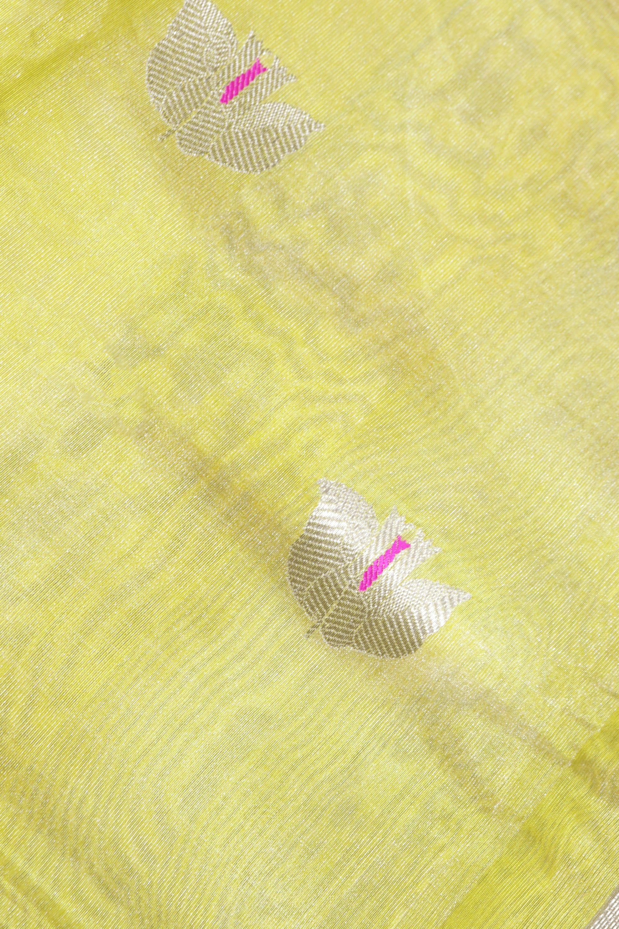 Yellow Banarasi Chanderi Tissue Silk Saree with Silver Zari Motifs