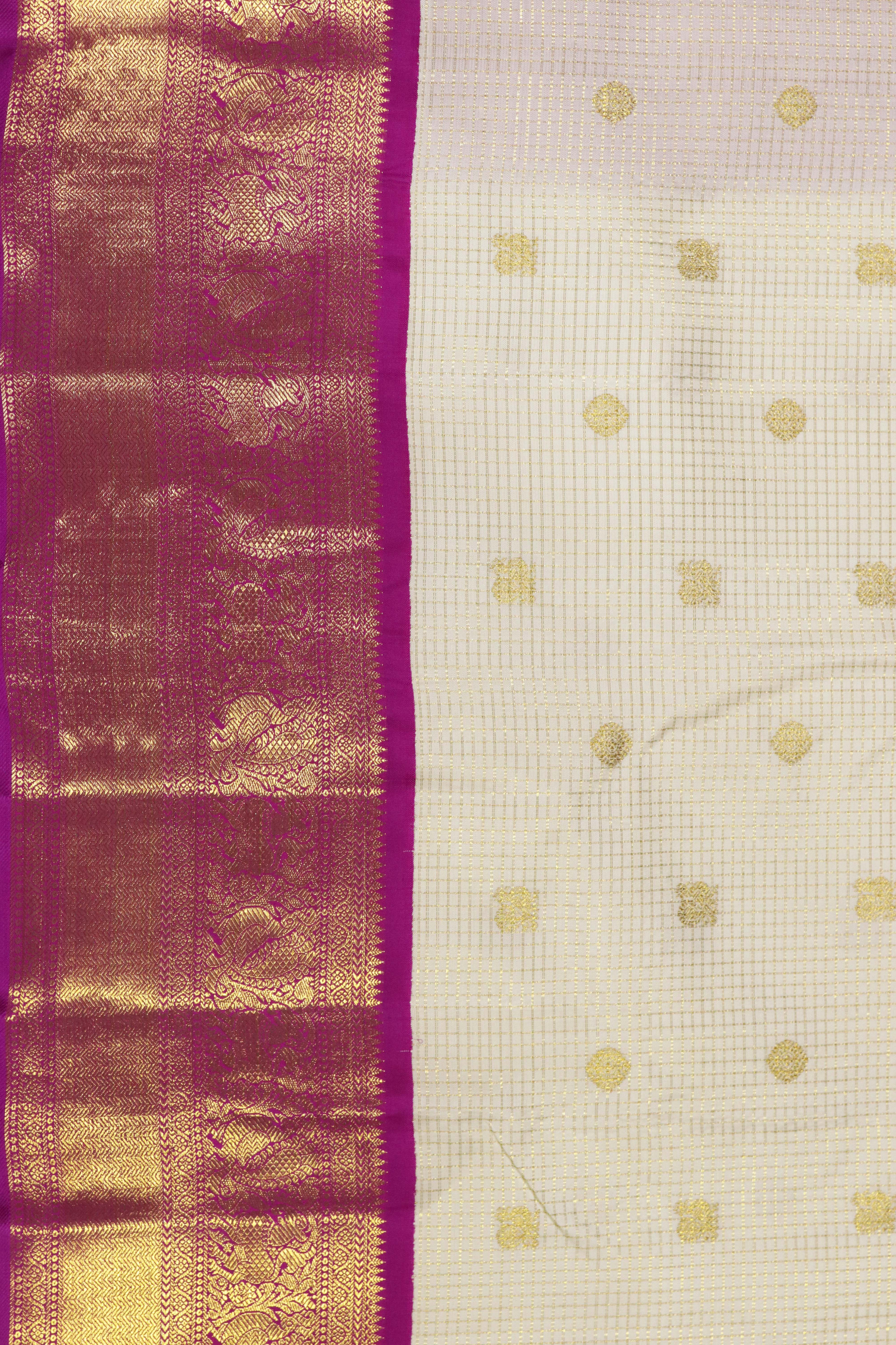 Off White Kanchivaram Silk Saree with Golden Buttis & Contrast Pink Zari Border