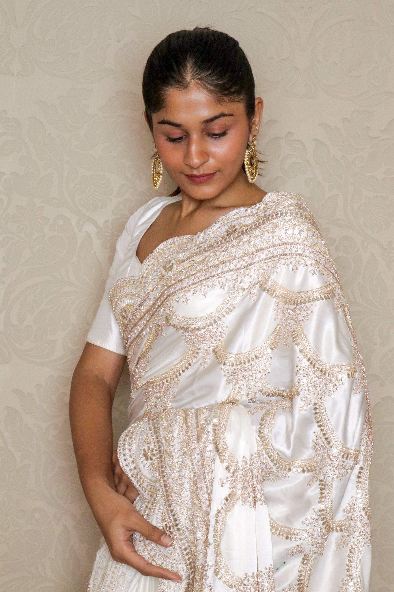 Satin Saree with Gota, Jardhosi & Pearl Embroidery