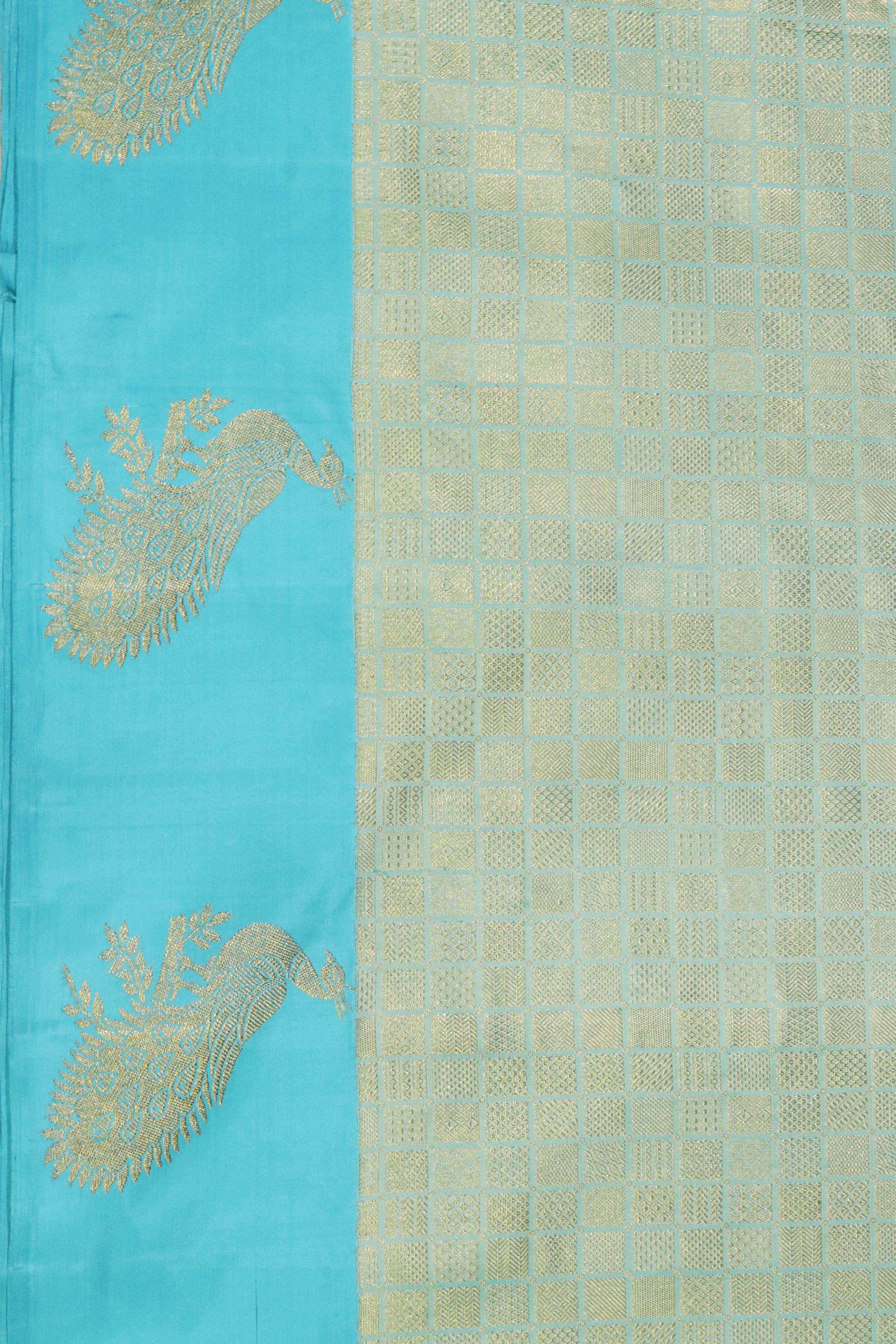 Sea Blue Kanchivaram Silk Saree with Peacock Border