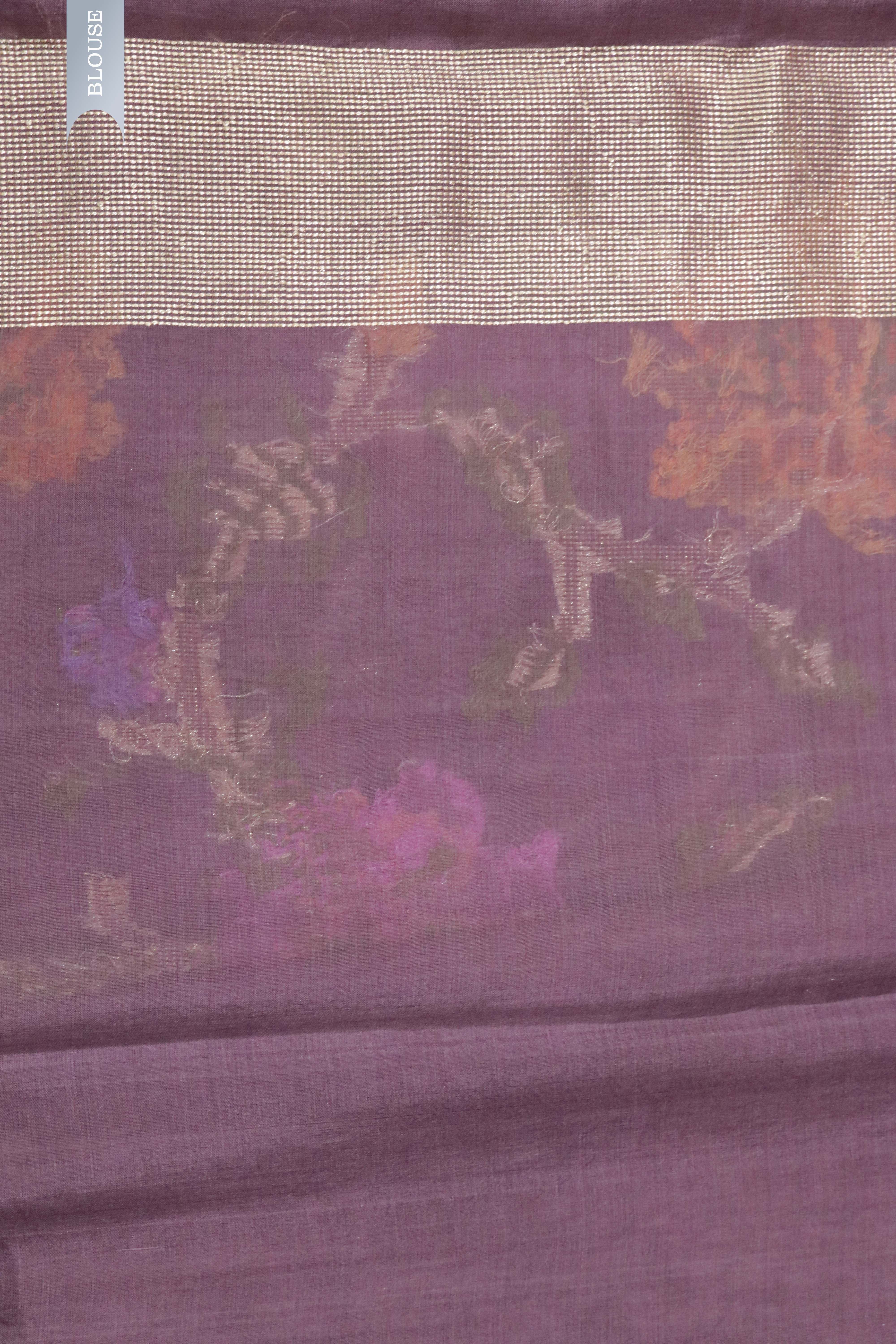 Violet Banarasi Kora Silk Saree with Zari & Multicolor Thread Jaal