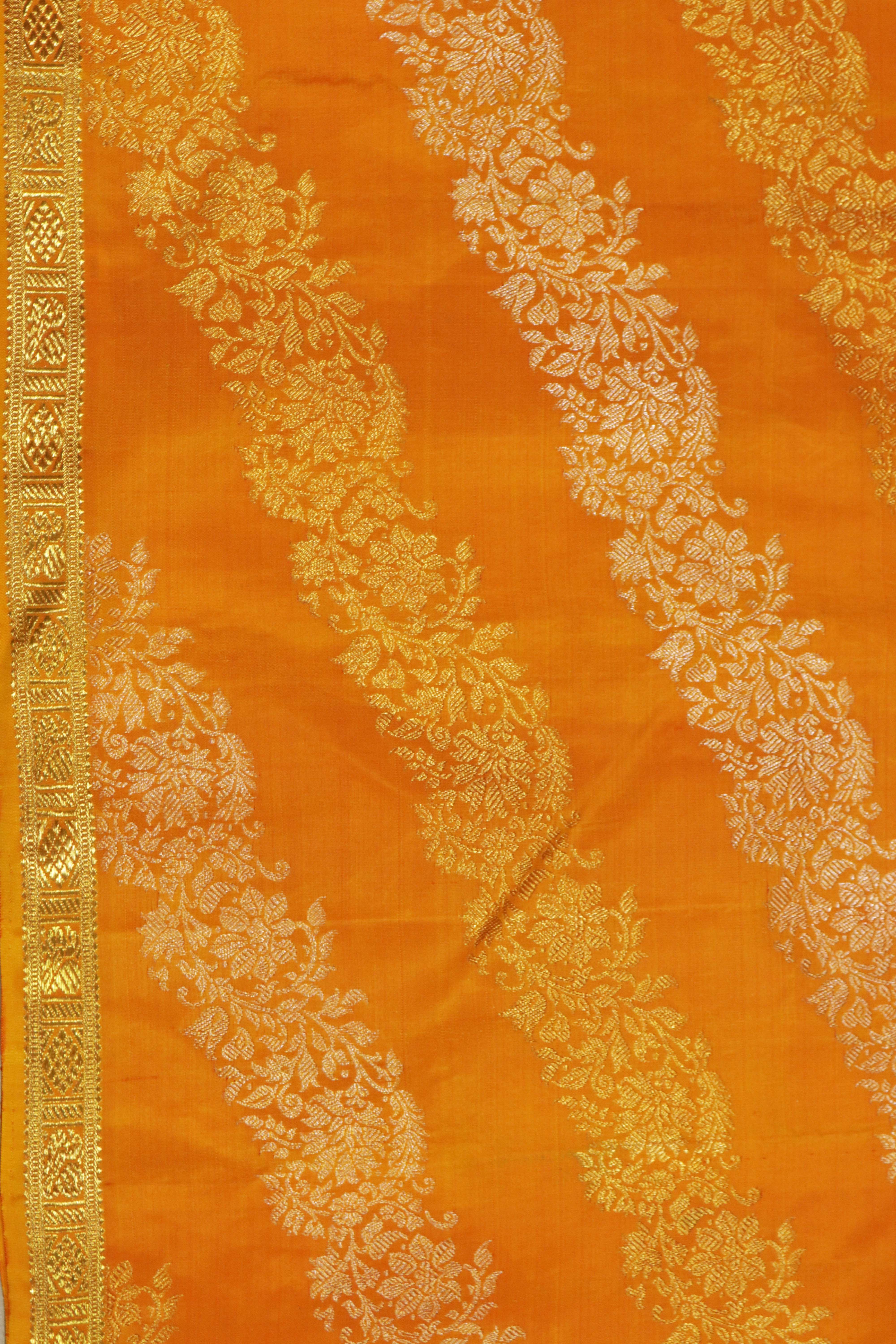 Mango Yellow Kanchivaram Silk Saree with Gold & Silver Stripes