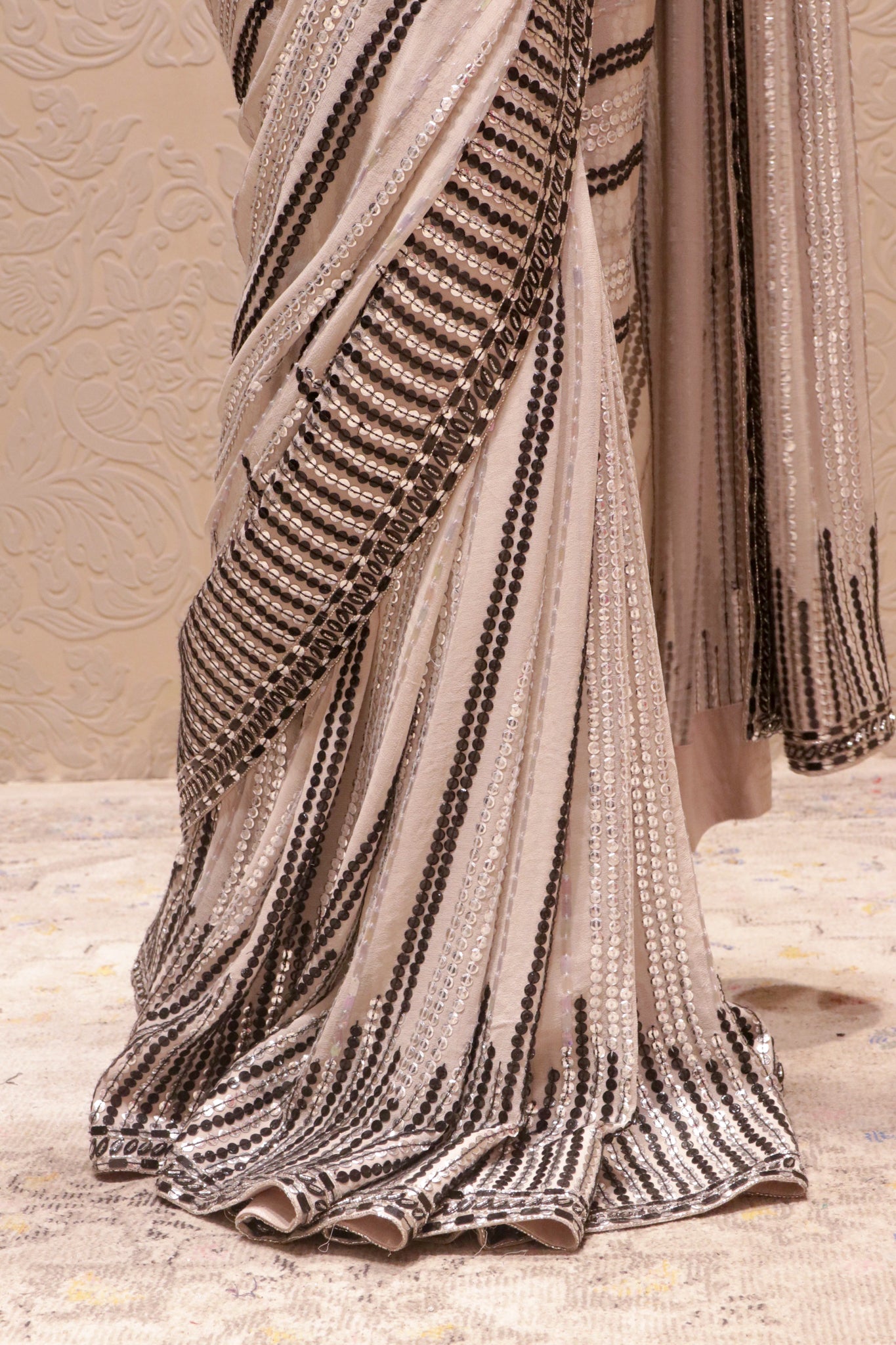 Light Grey Georgette Saree with Silver & Black Sequin Detailing