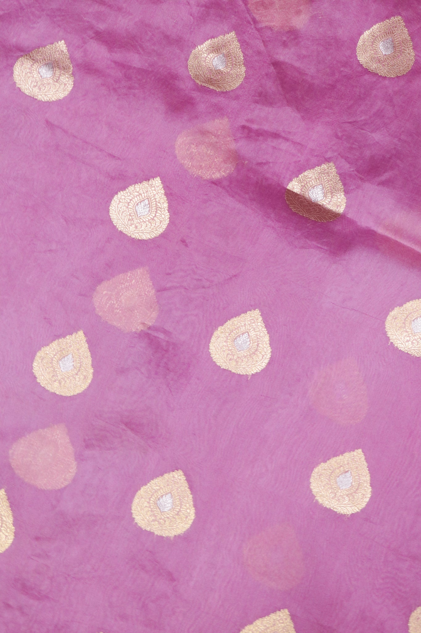 Onion Pink Banarasi Kora Saree with Pista Green Border & Gold-Silver Motifs