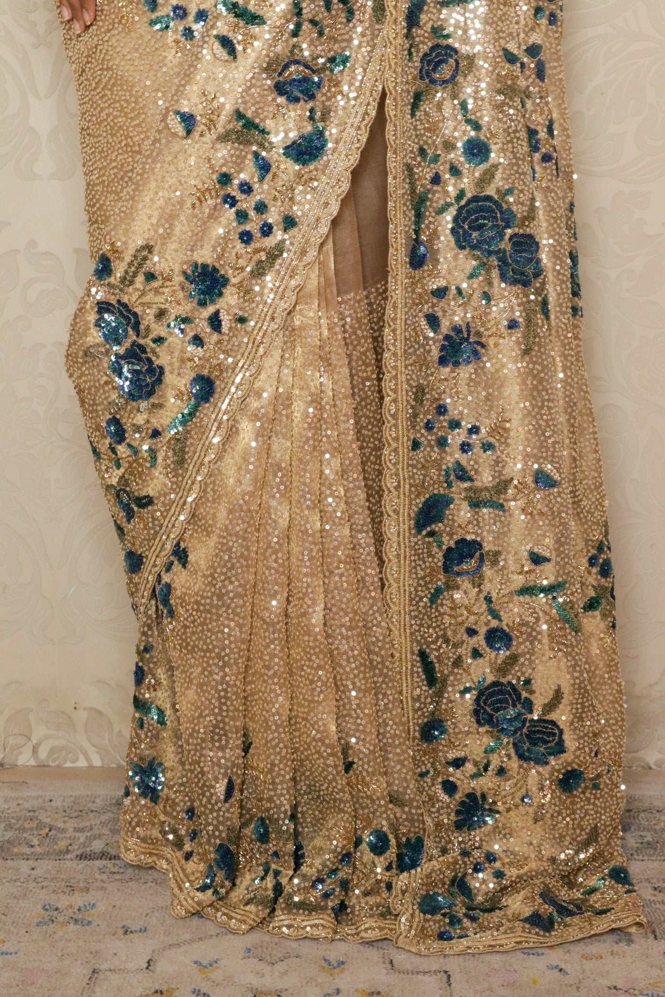 Gold Sequin Organza Saree with Matching Blouse