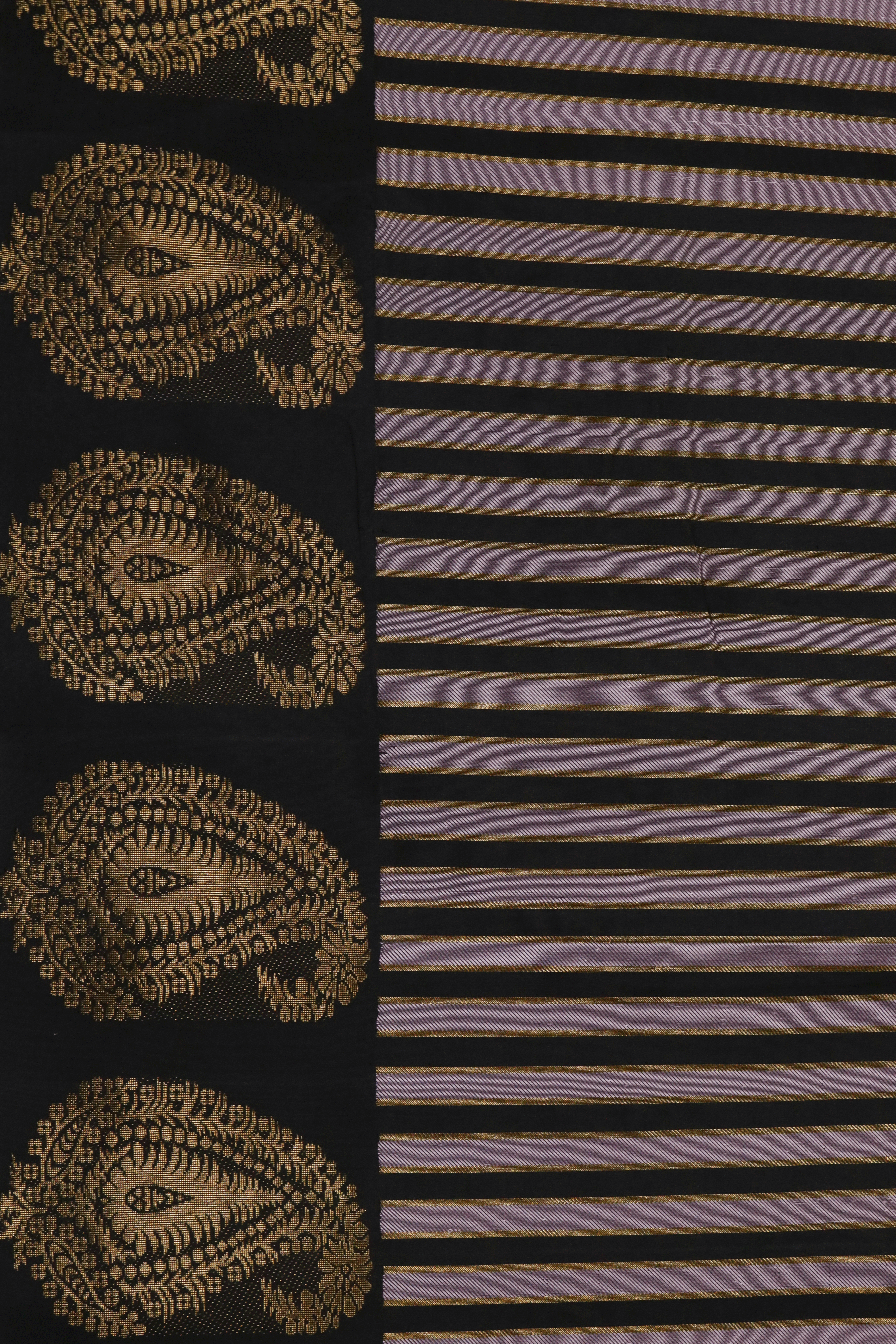 Black Kanchivaram Silk Saree with Golden Stripes & Buttas Border
