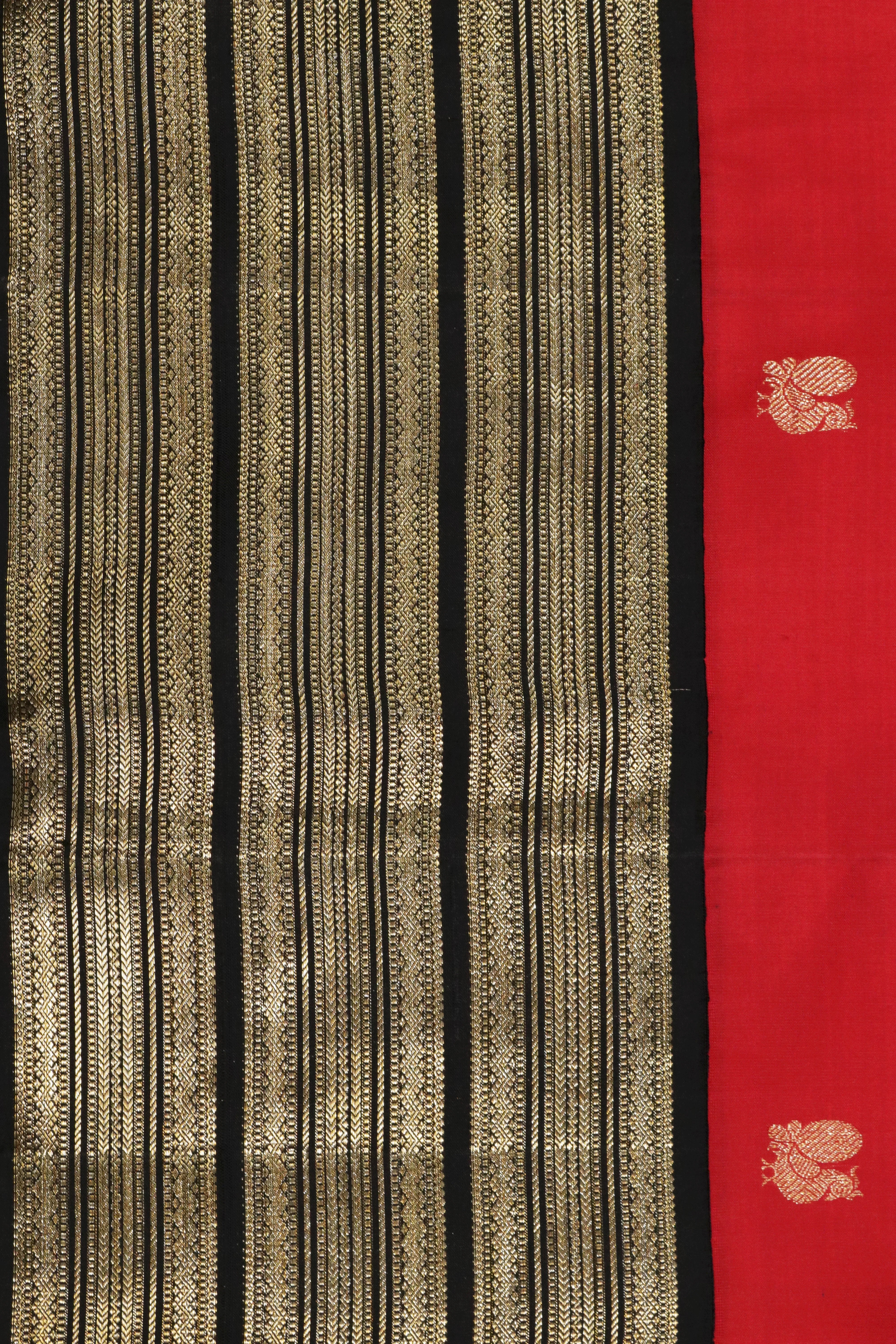 Red Kanchivaram Silk Saree with Golden Buttas and Black Zari Border - Mokshaa