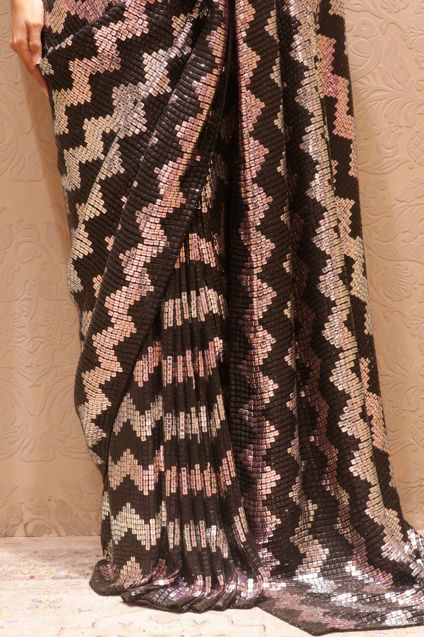 Black Georgette Saree with Silver & Black Sequin Zigzag Pattern