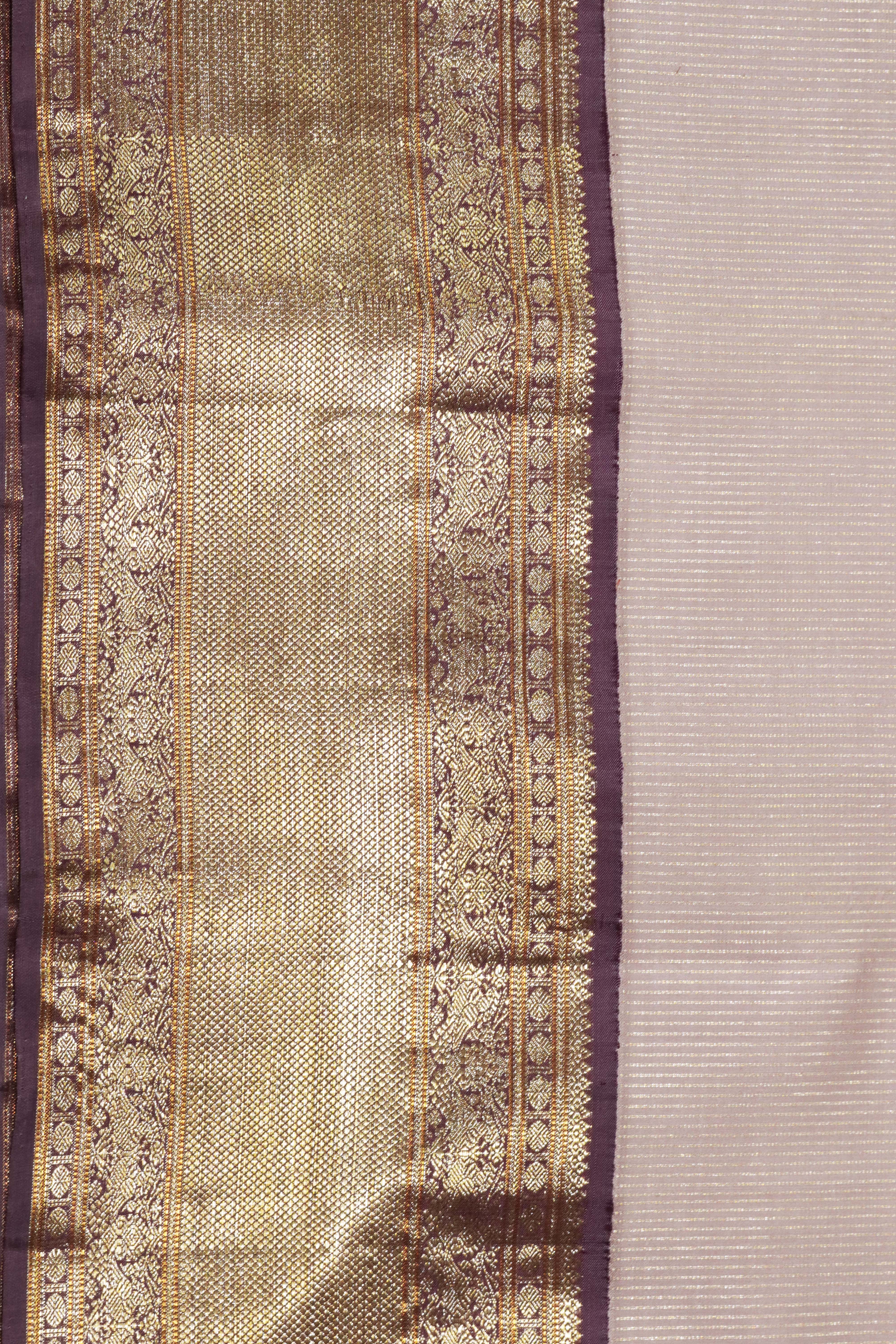 Beige Kanchivaram Silk Saree with Zari Stripes & Contrast Maroon Pallu
