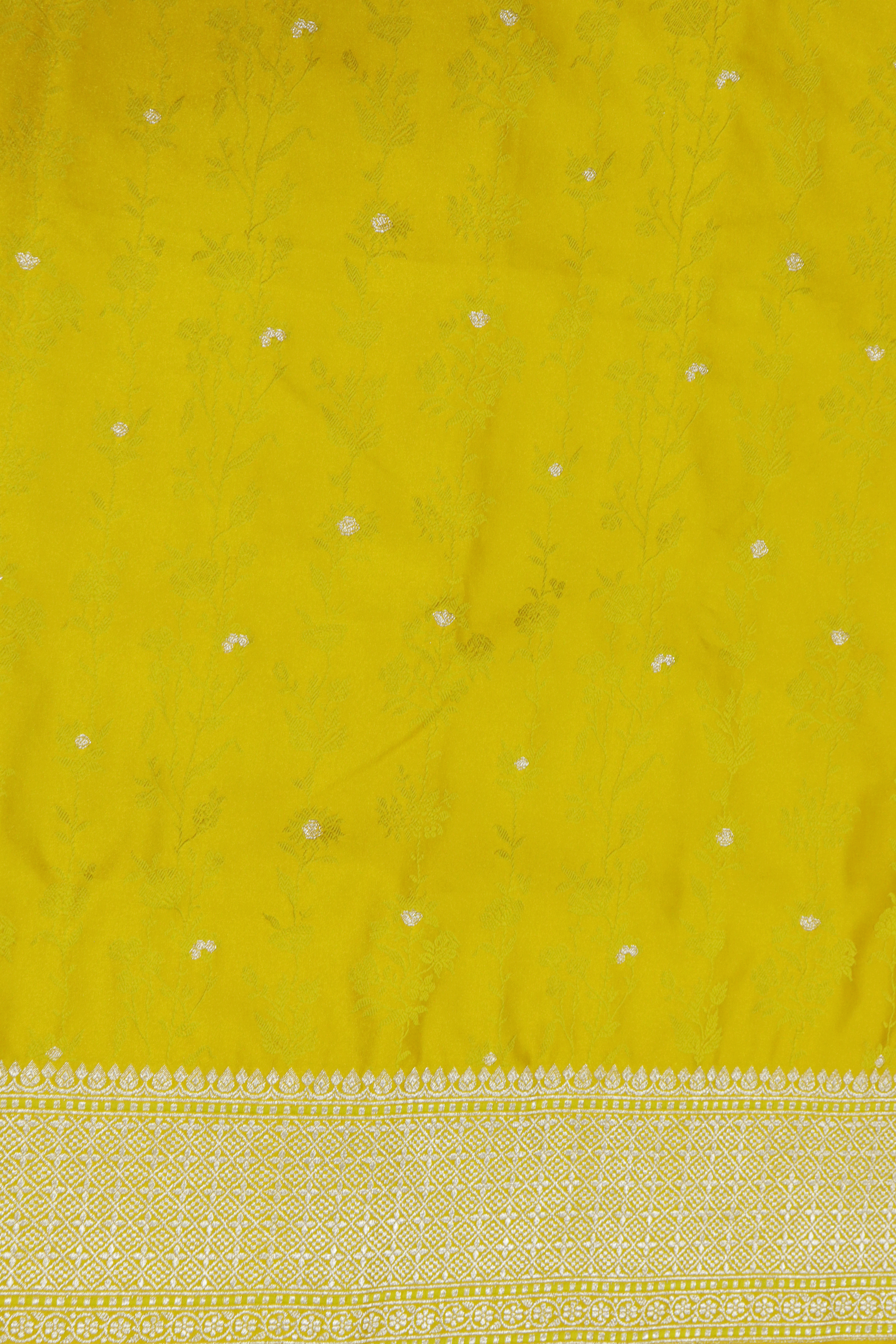 Yellow Banarasi Semi Silk Saree with Thread Weaving, Zari Butti & Woven Border