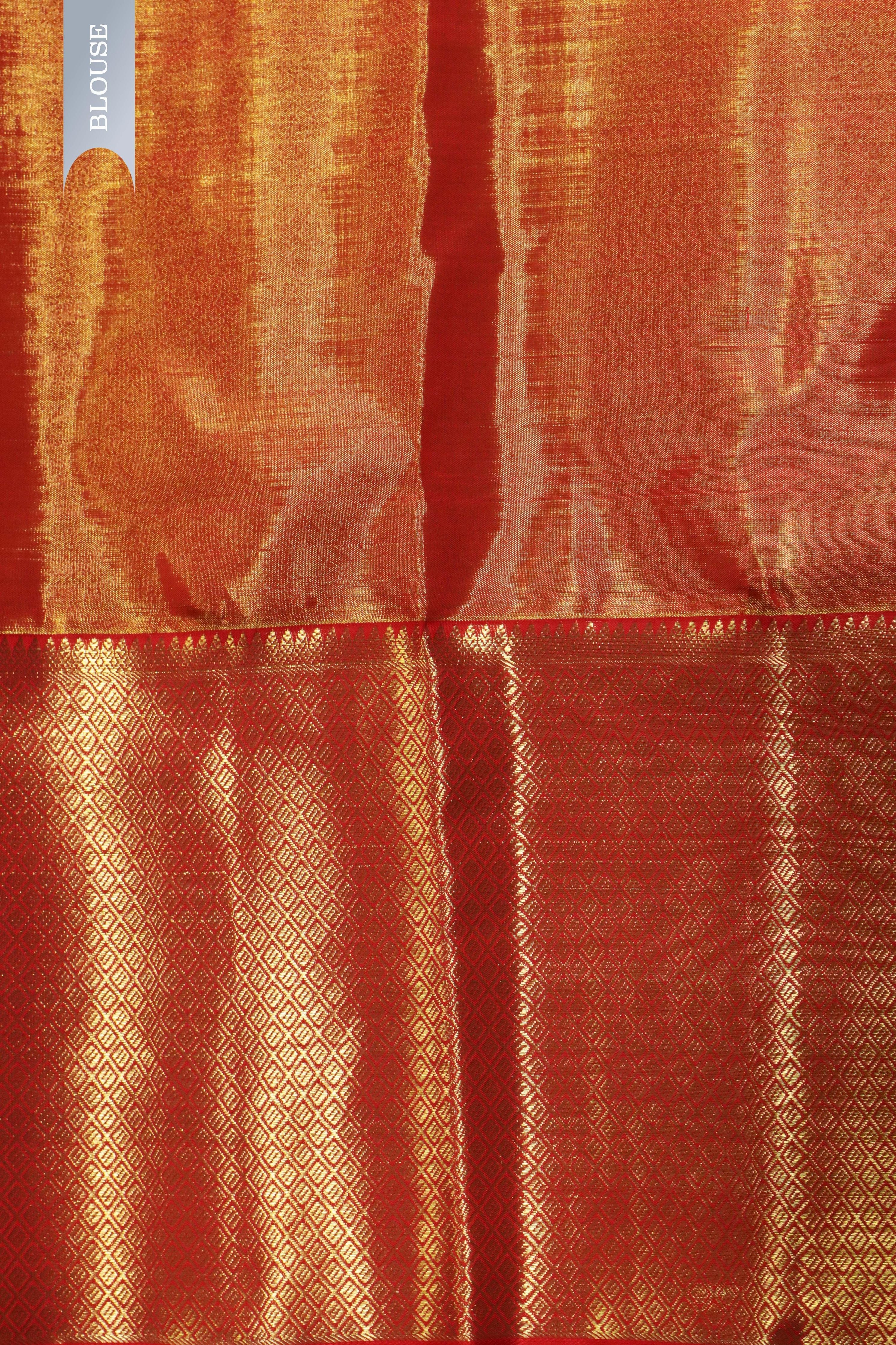 Rust Red Kanchivaram Tissue Silk Saree with Meena Weaving & Zari Border - Mokshaa