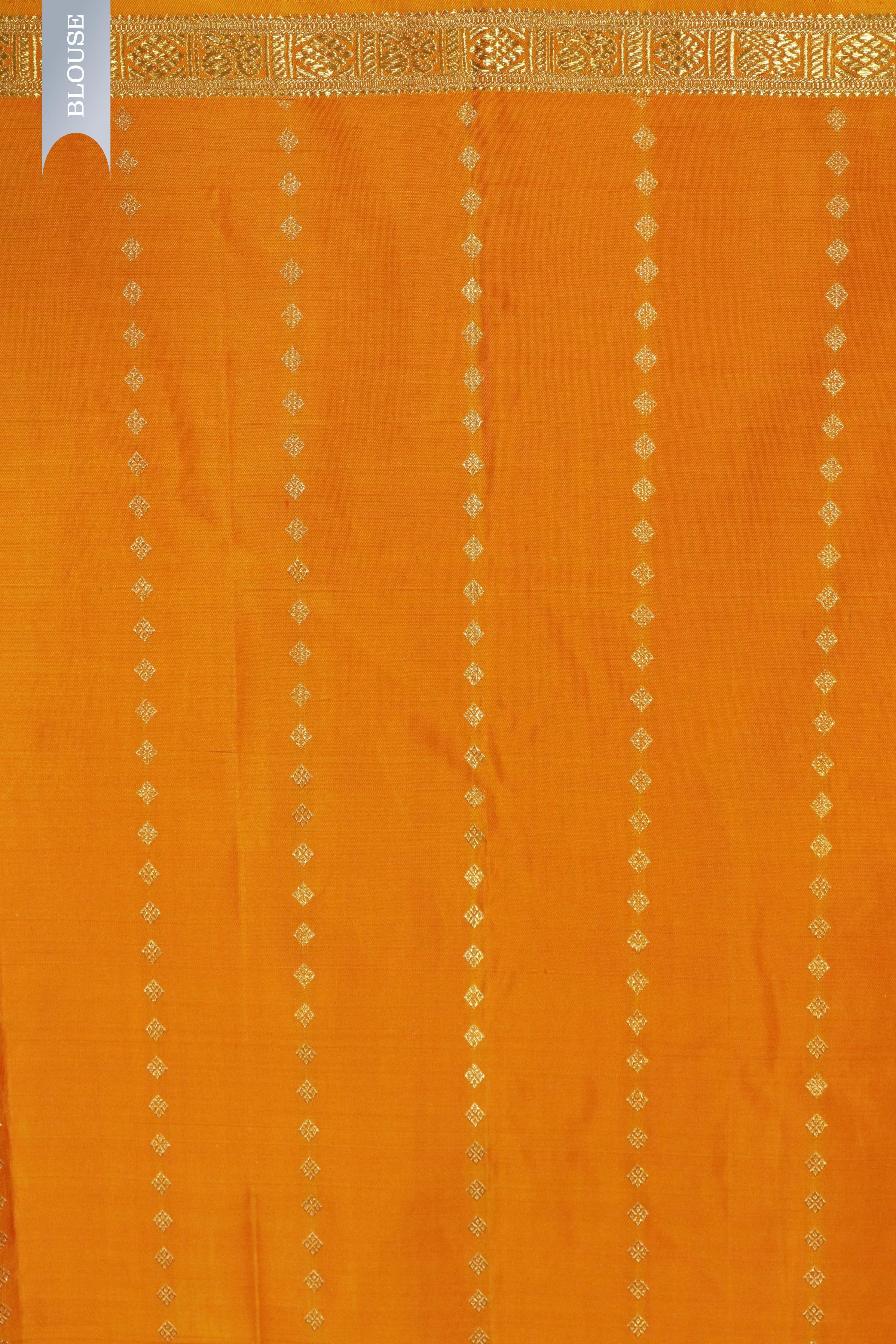 Mango Yellow Kanchivaram Silk Saree with Gold & Silver Stripes - Mokshaa