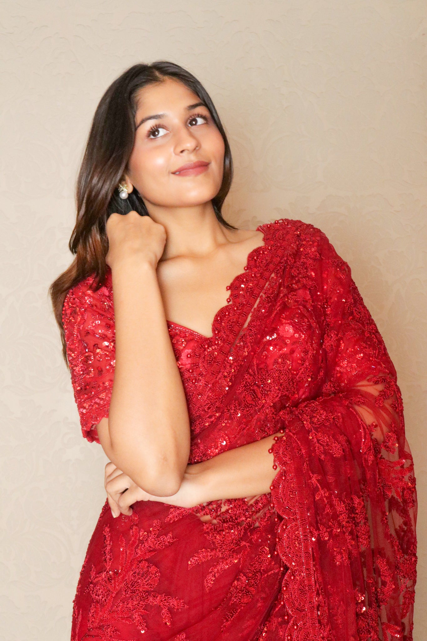Red Net Saree with Thread & Sequin Embroidery