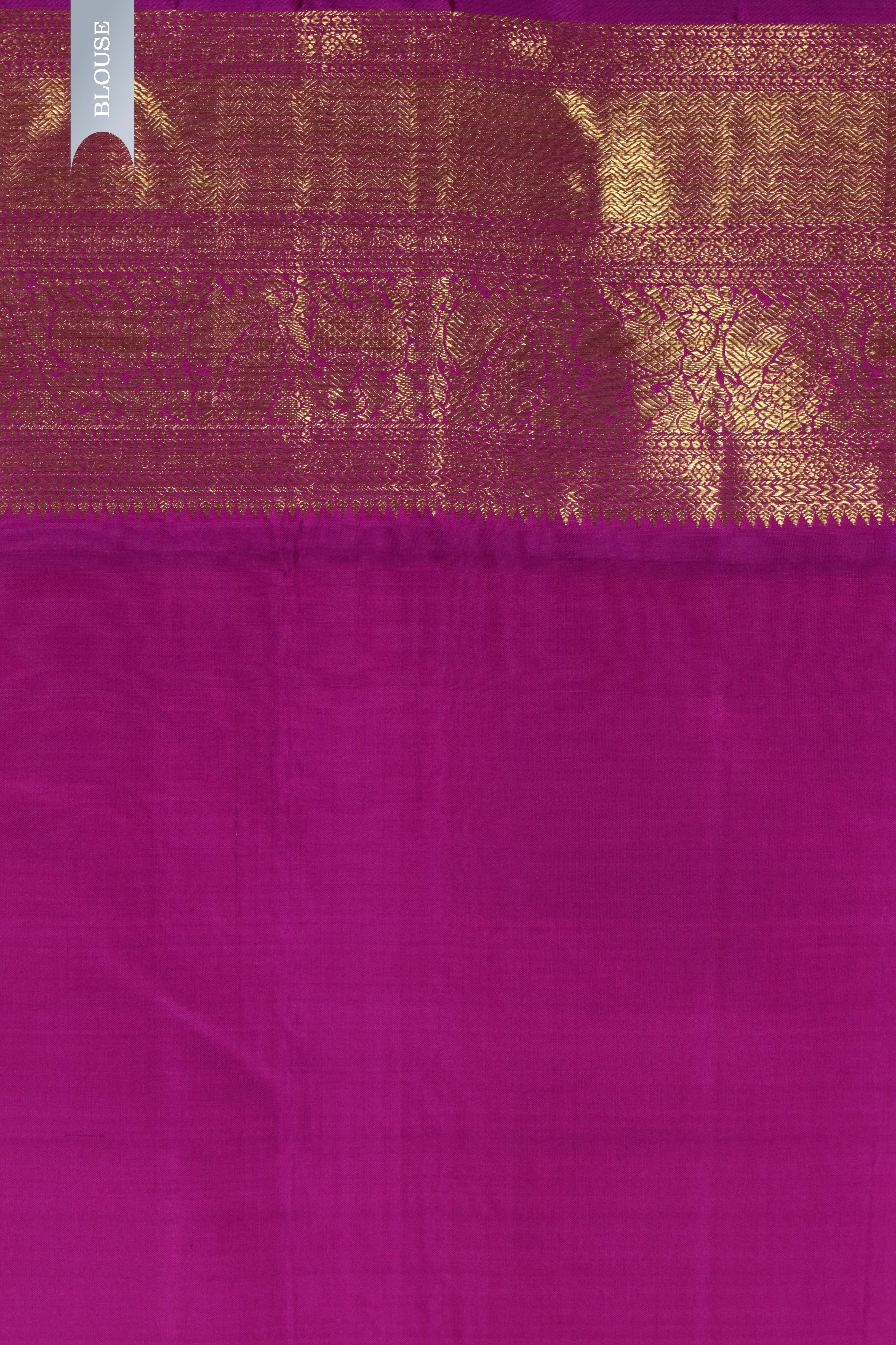 Off White Kanchivaram Silk Saree with Golden Buttis & Contrast Pink Zari Border